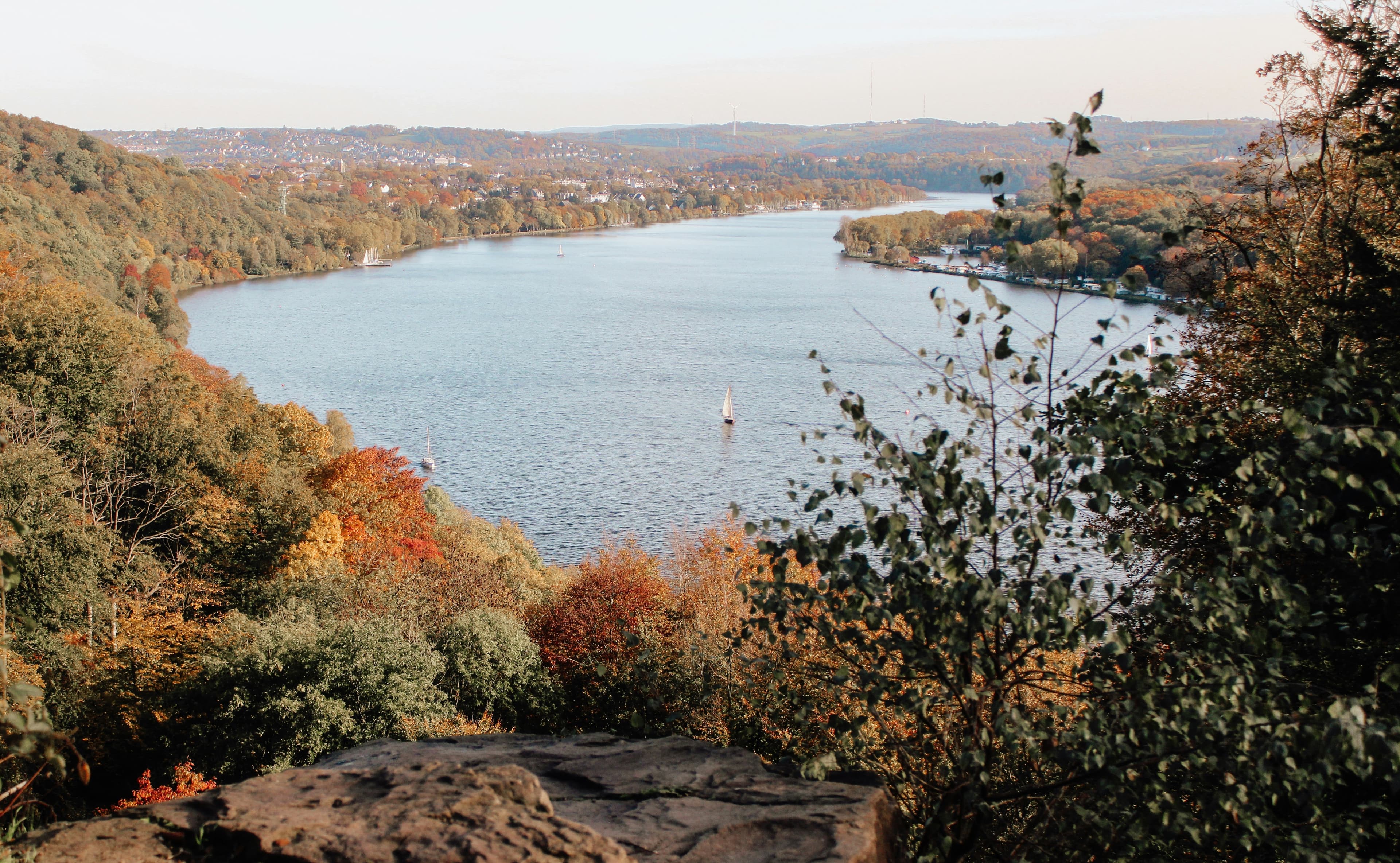 Lake Baldeney in Essen from the wooded slopes above the southern shore in autumn, sailing boats on the water and the Ruhr valley beyond. The Essen Marathon runs two full circuits of this reservoir.