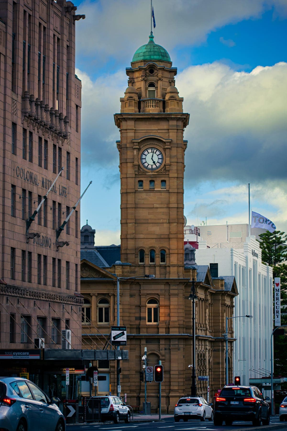 The sandstone clock tower of the General Post Office in central Hobart, a short walk uphill from the Hobart Marathon start and finish on Castray Esplanade