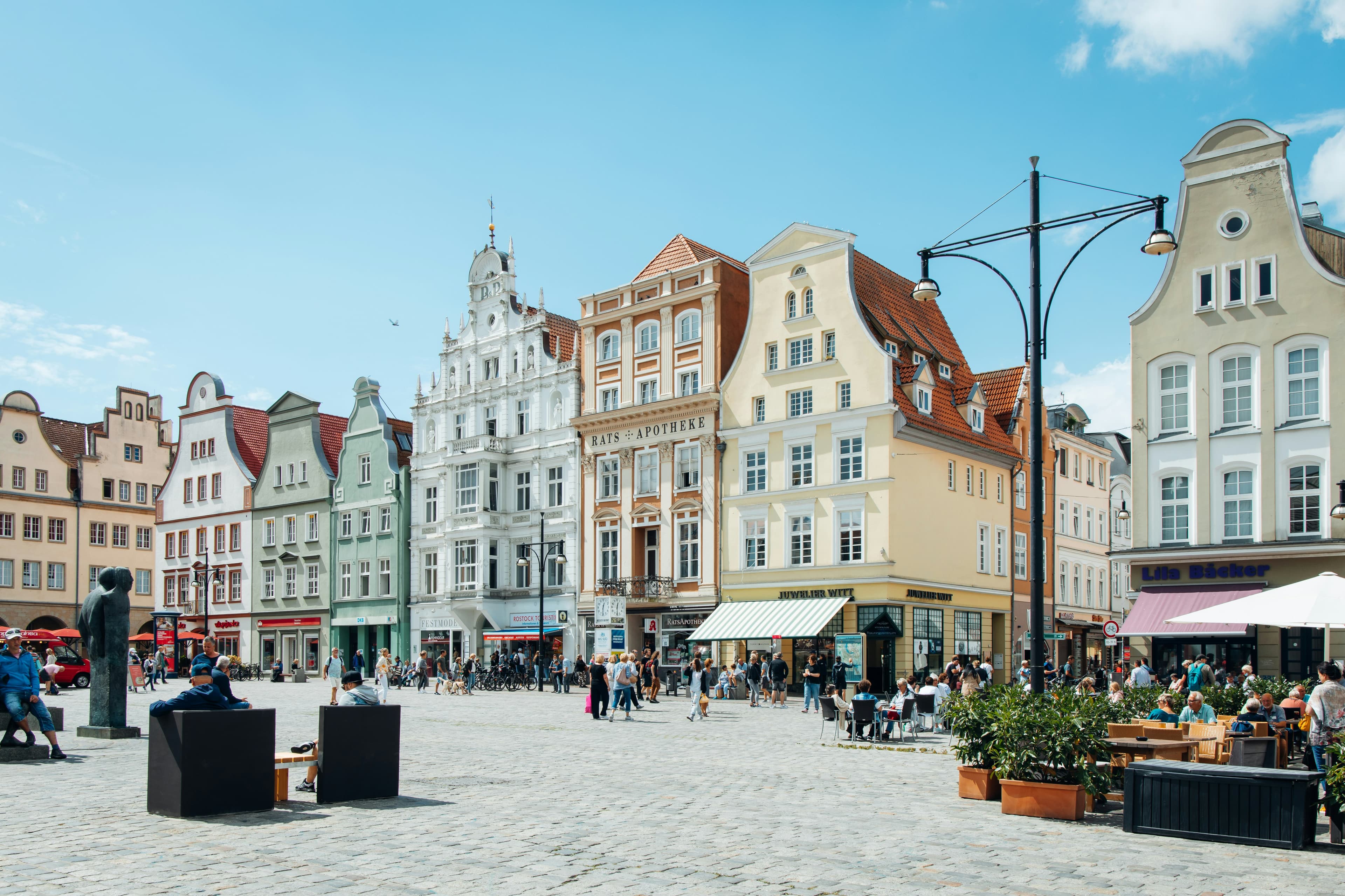 The gabled Hanseatic merchant houses and cobbled expanse of Neuer Markt in Rostock's old town. The marathon started and finished on this square in its earlier years before moving to the Stadthafen.