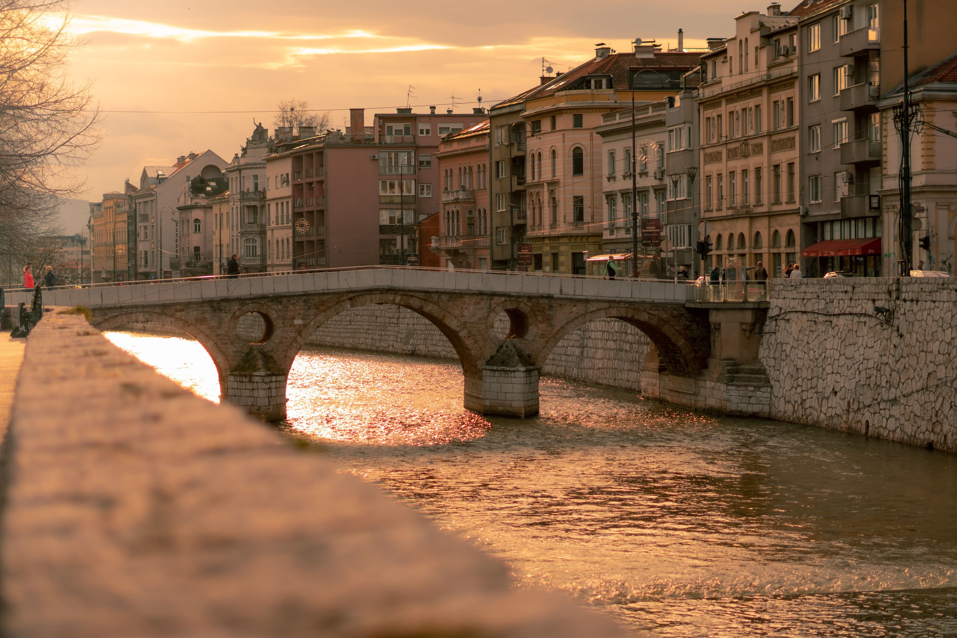 A stone bridge over the Miljacka river in central Sarajevo, near the marathon's Vilsonovo setaliste start and finish