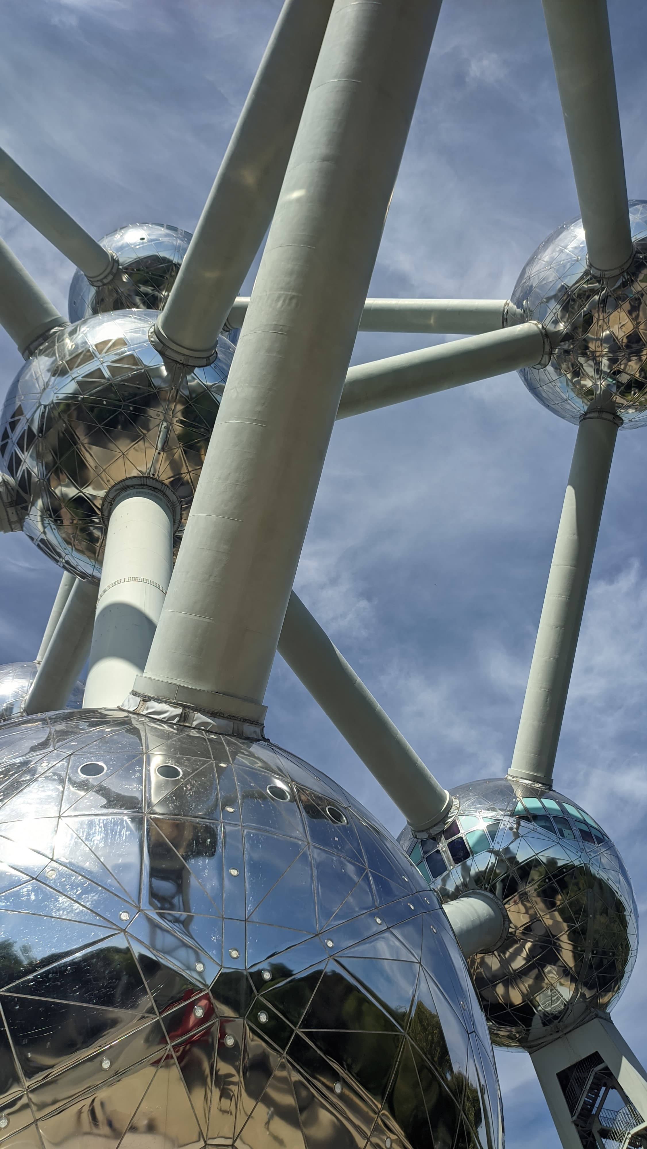 The Atomium in Brussels, the modernist landmark built for the 1958 World's Fair, viewed from below