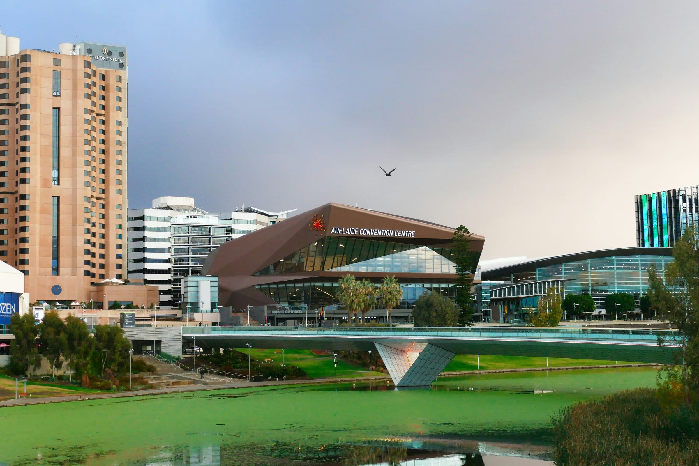 The River Torrens footbridge below the InterContinental Adelaide and the Adelaide Convention Centre on the Riverbank, a few minutes' walk from the start and finish of the Adelaide Marathon at Pinky Flat