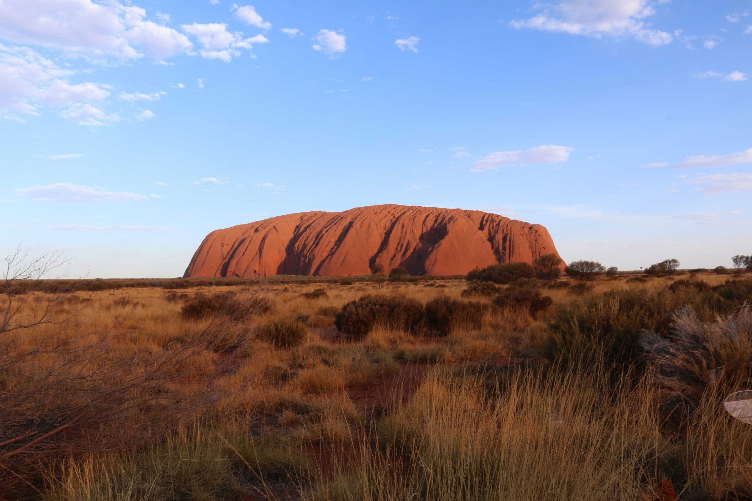 Uluṟu glowing red at the edge of a spinifex plain in the Northern Territory, about 10 km south of the marathon course around Yulara