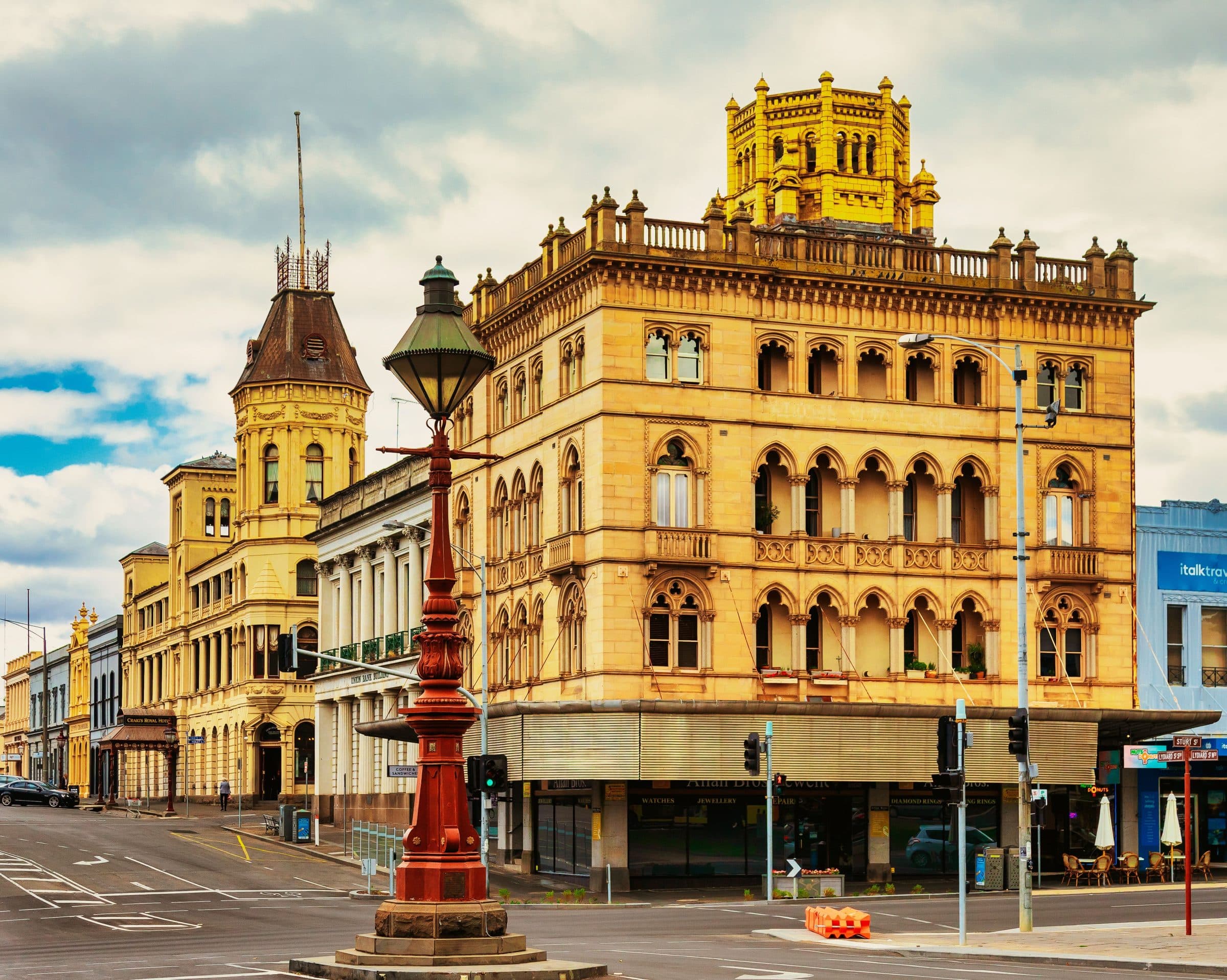 The corner of Sturt Street and Lydiard Street North in Ballarat, with Craig's Royal Hotel and the gold-rush buildings of the city centre, a few blocks from the marathon start