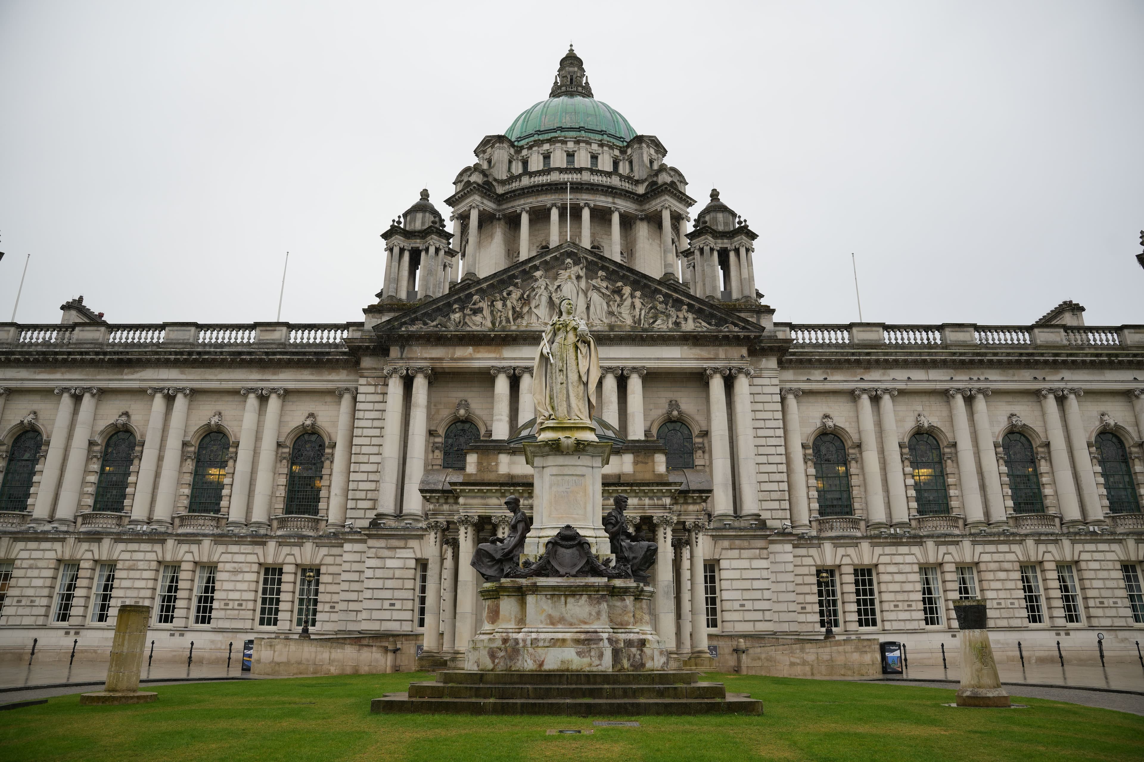 Belfast City Hall and the Queen Victoria memorial statue, in central Belfast near the Belfast City Marathon's Ormeau Park finish