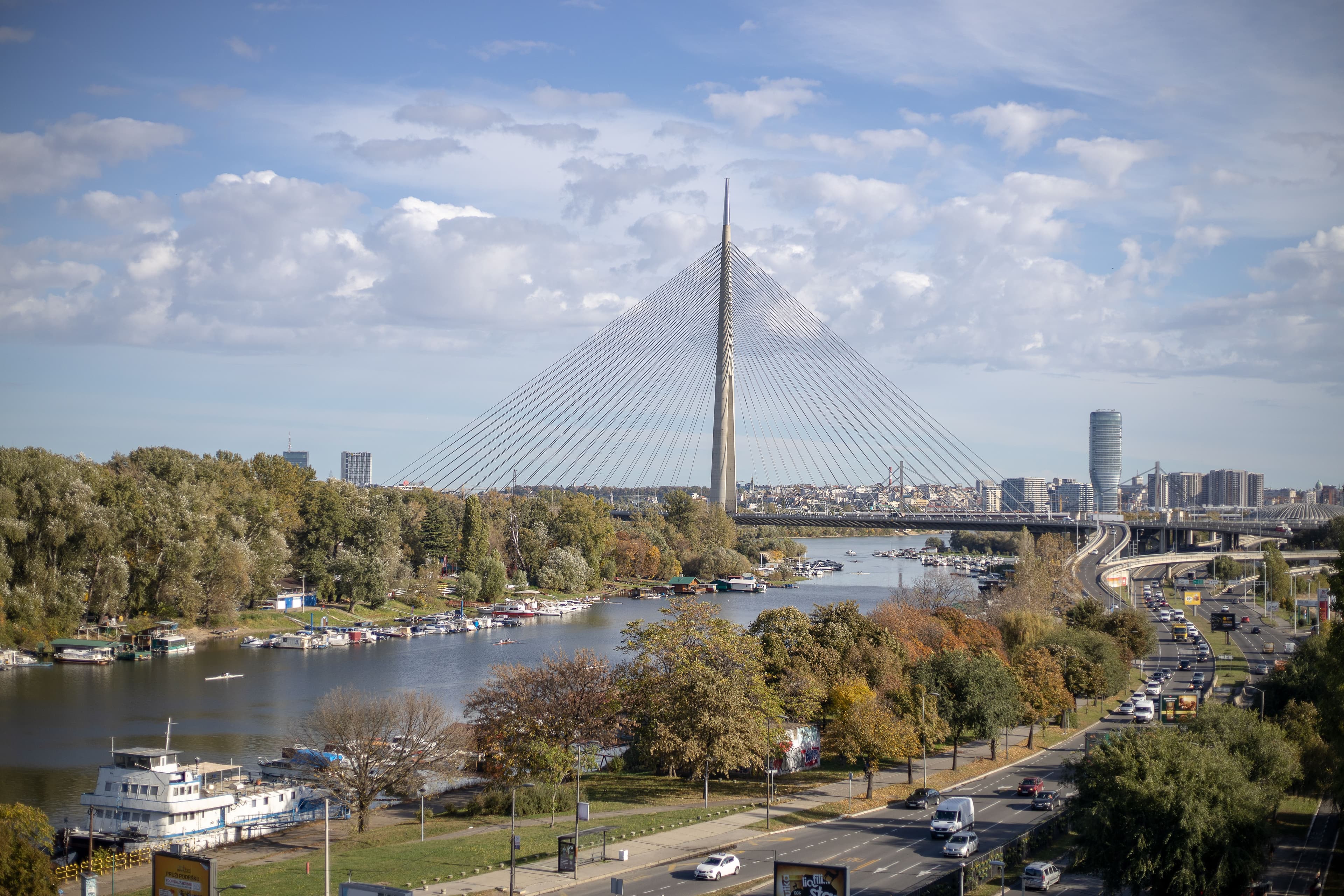 Most na Adi, Belgrade's cable-stayed bridge over the Sava, part of the marathon's New Belgrade crossing