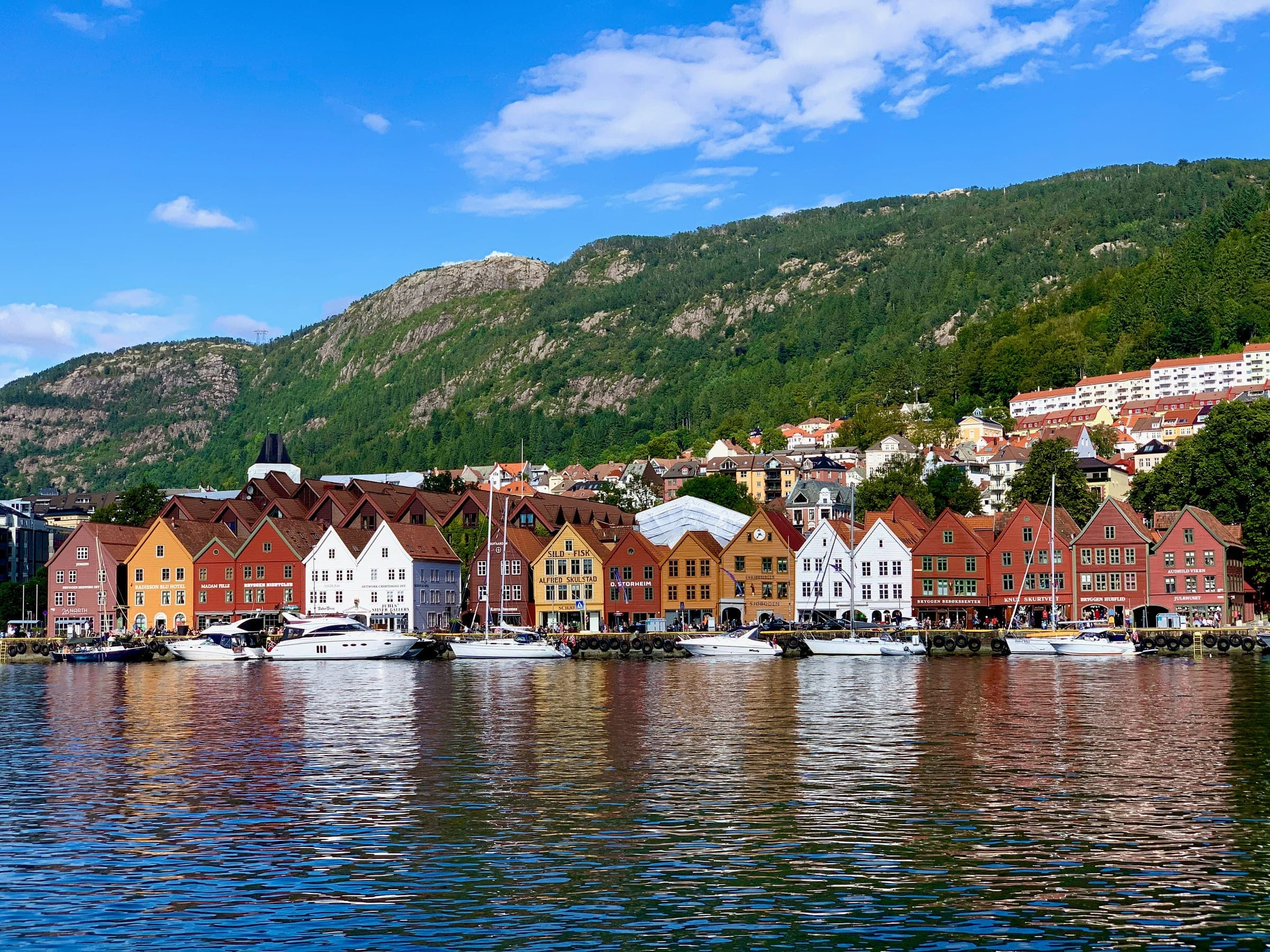 The colourful wooden merchants' houses of Bryggen on the Bergen harbourfront with moored boats, and the forested mountainside rising behind the city