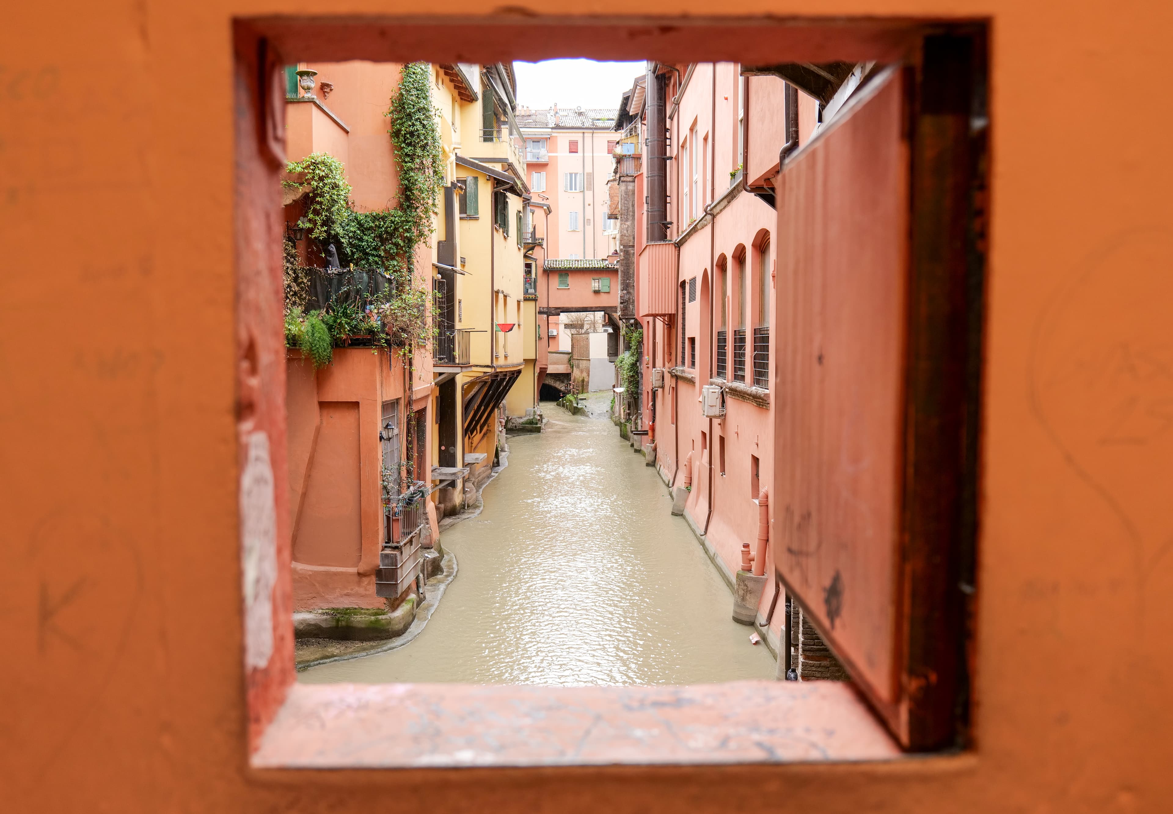 The Finestrella di Via Piella, a small arched window cut into a medieval wall on Via Piella, looking directly down onto the Canale di Reno and its reflections