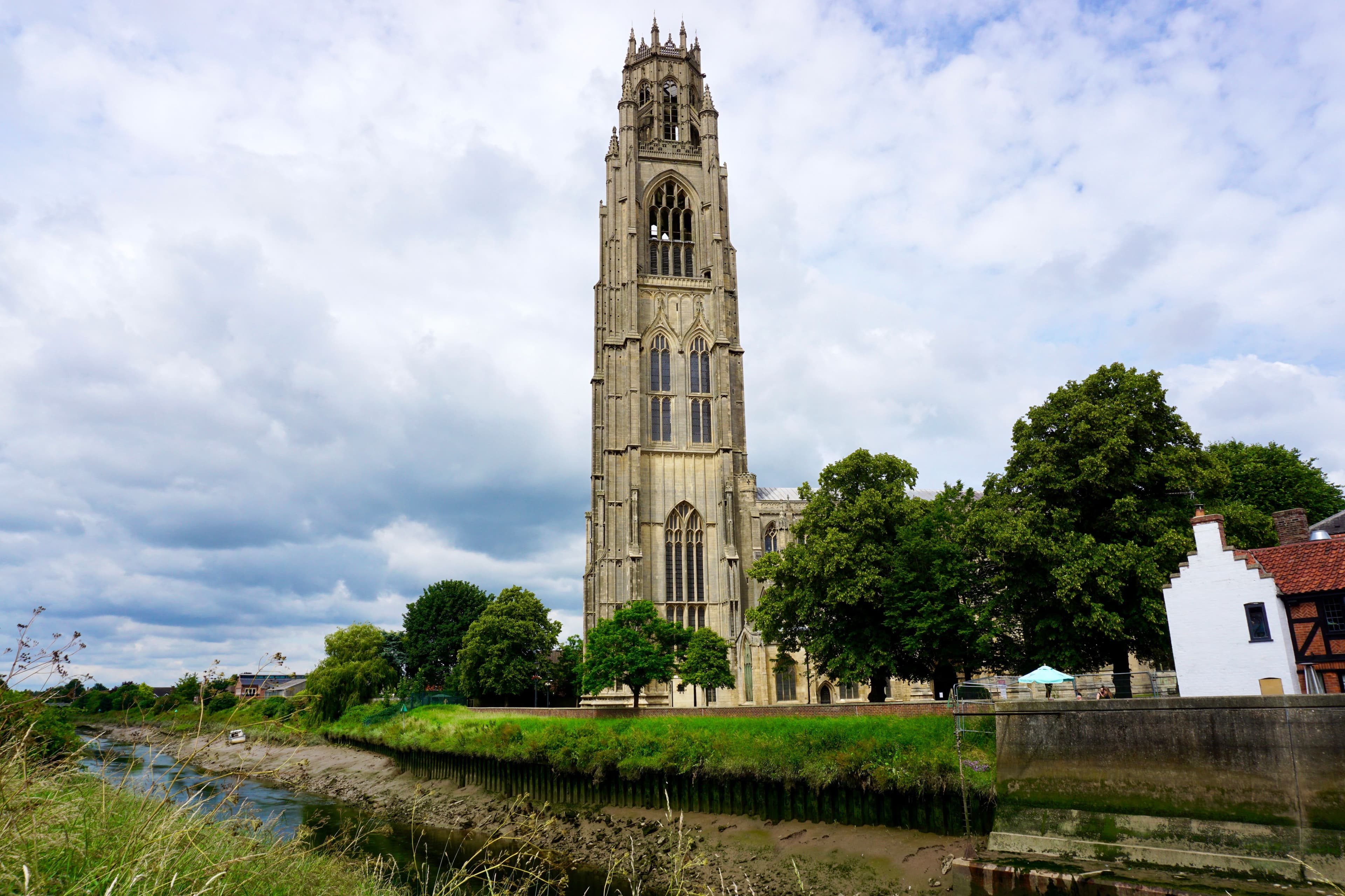 St Botolph's Church, known locally as Boston Stump, beside the River Witham in Boston, Lincolnshire, near the Boston Marathon UK's Market Place start