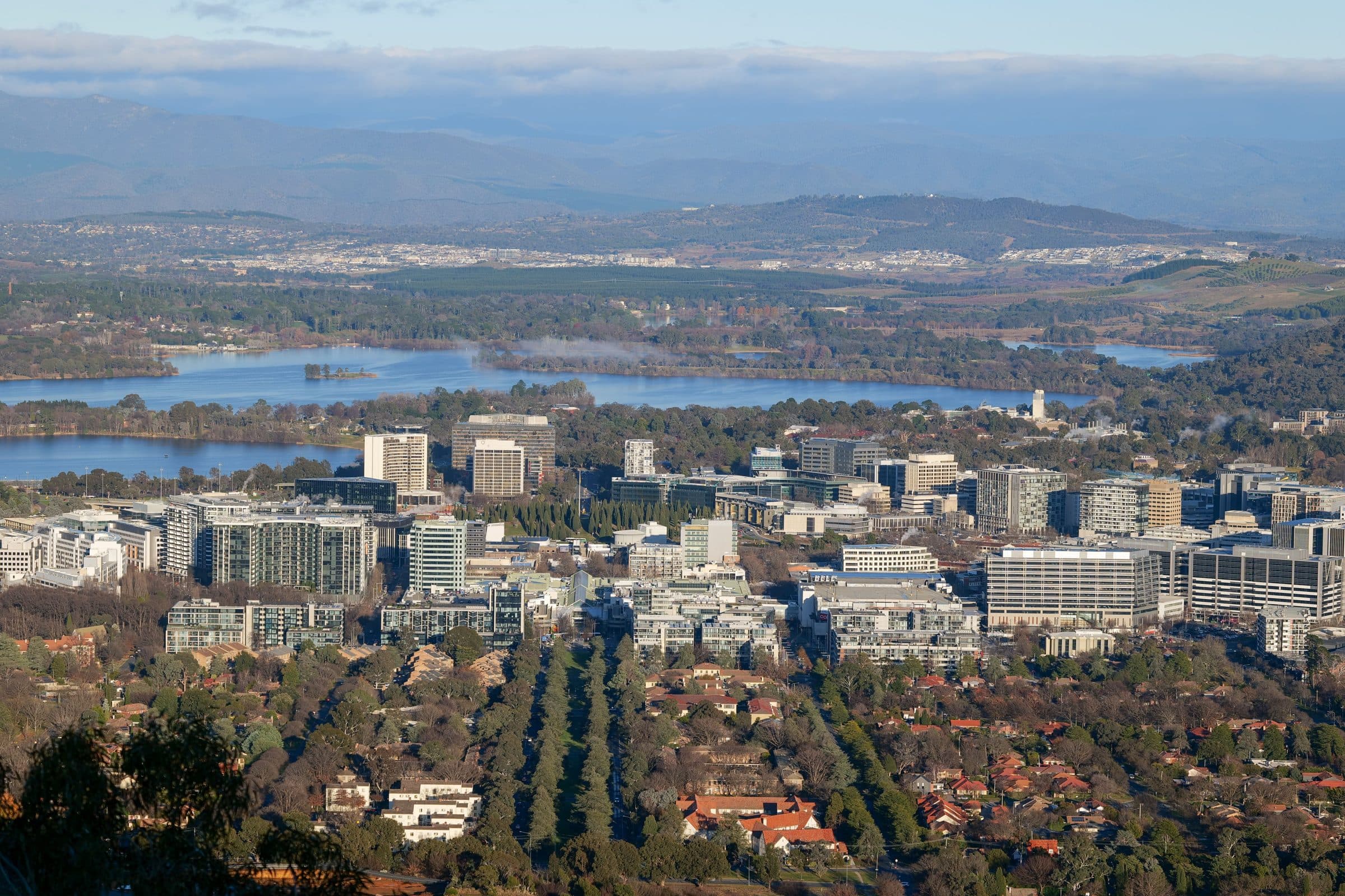 Central Canberra and Lake Burley Griffin seen from a hillside lookout, with a tree-lined avenue running down to the towers of Civic and the lake beyond