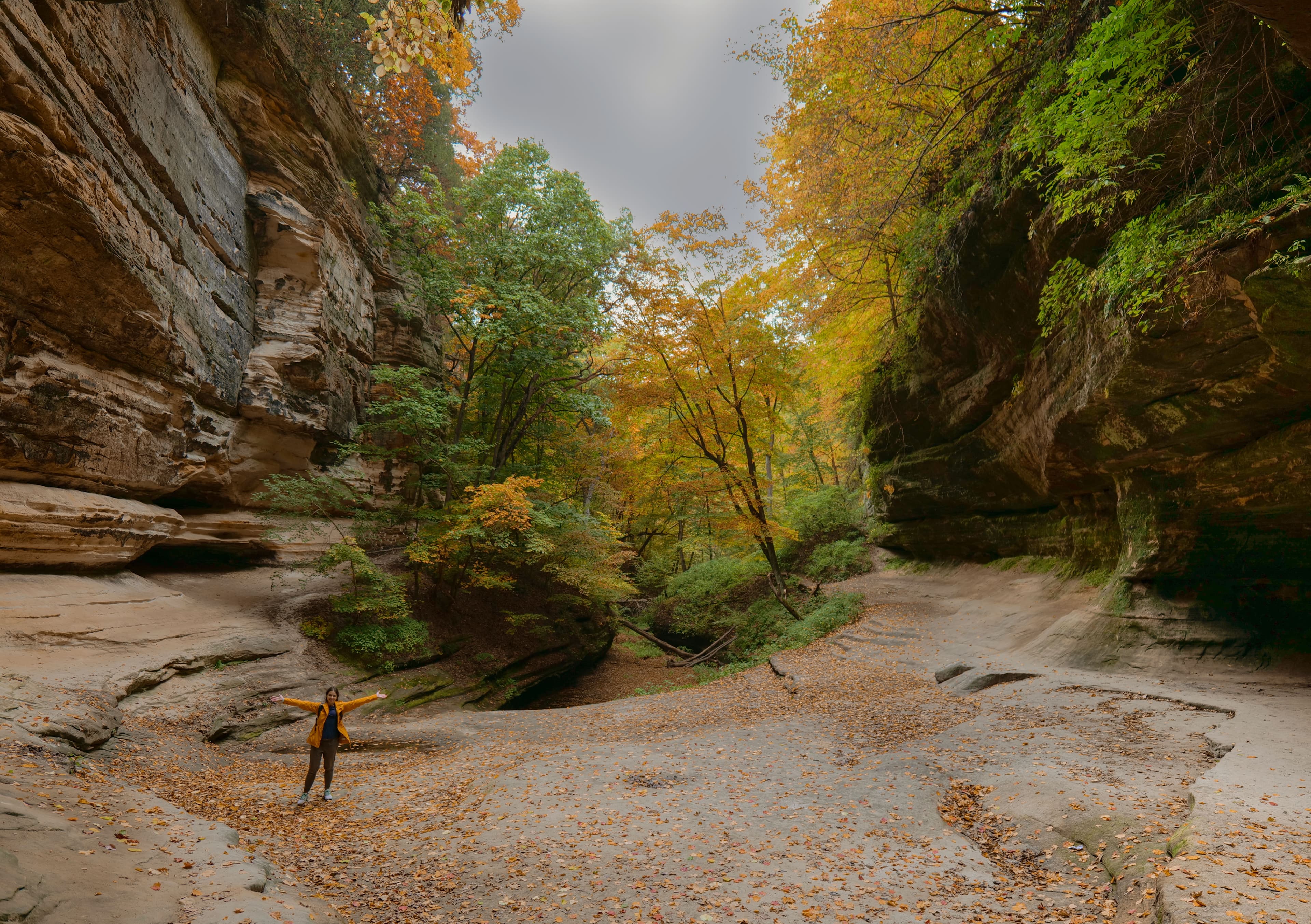 A visitor standing with arms outstretched in the wide sandy floor of a tall sandstone canyon at Starved Rock State Park, yellow and orange autumn trees visible high above the canyon walls