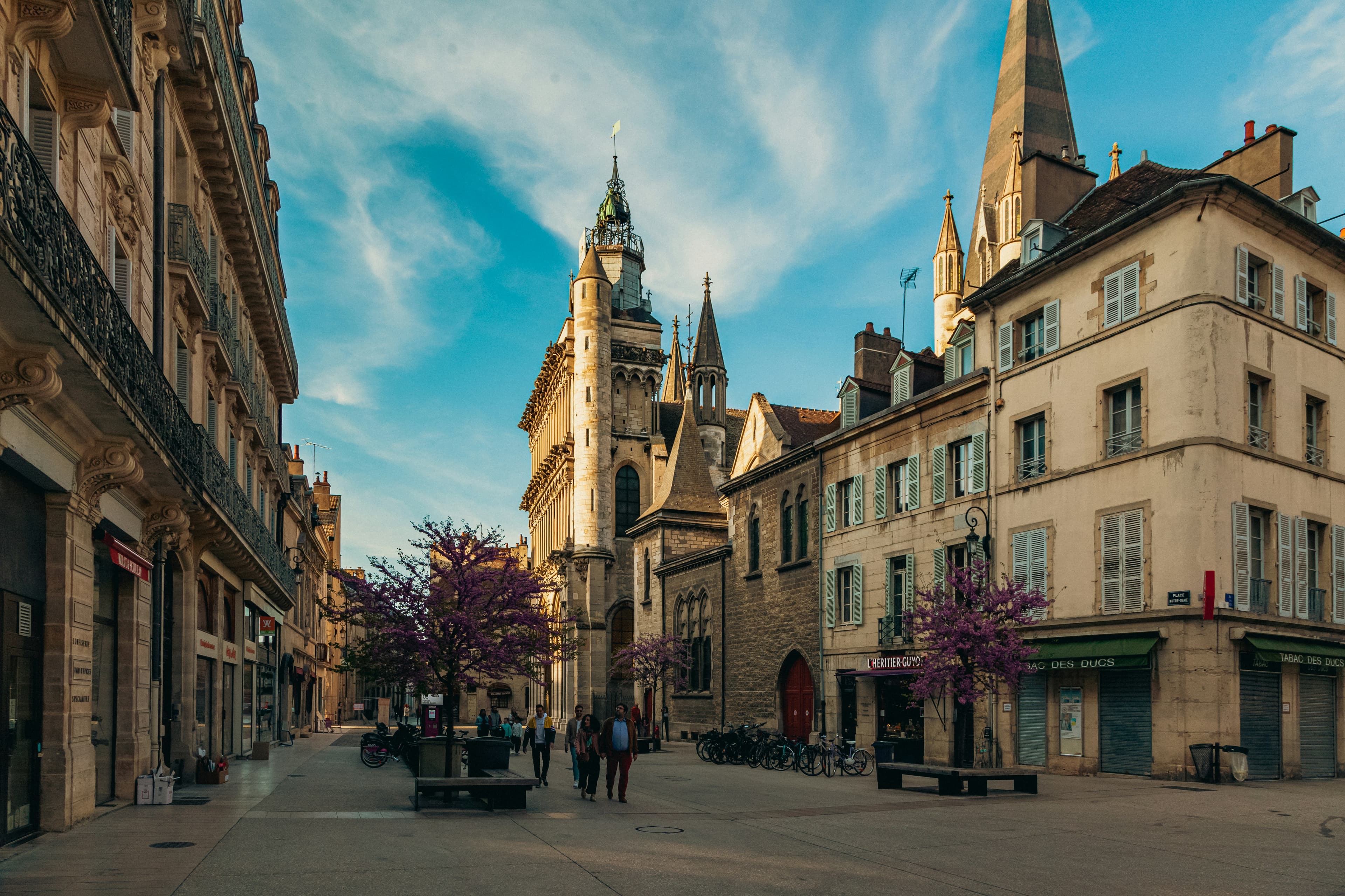 Place Notre-Dame in Dijon, with the Gothic west front and Jacquemart clock tower of the Église Notre-Dame rising above the pedestrianised square and purple-flowering trees. The marathon starts and finishes at the Allées du Parc nearby.