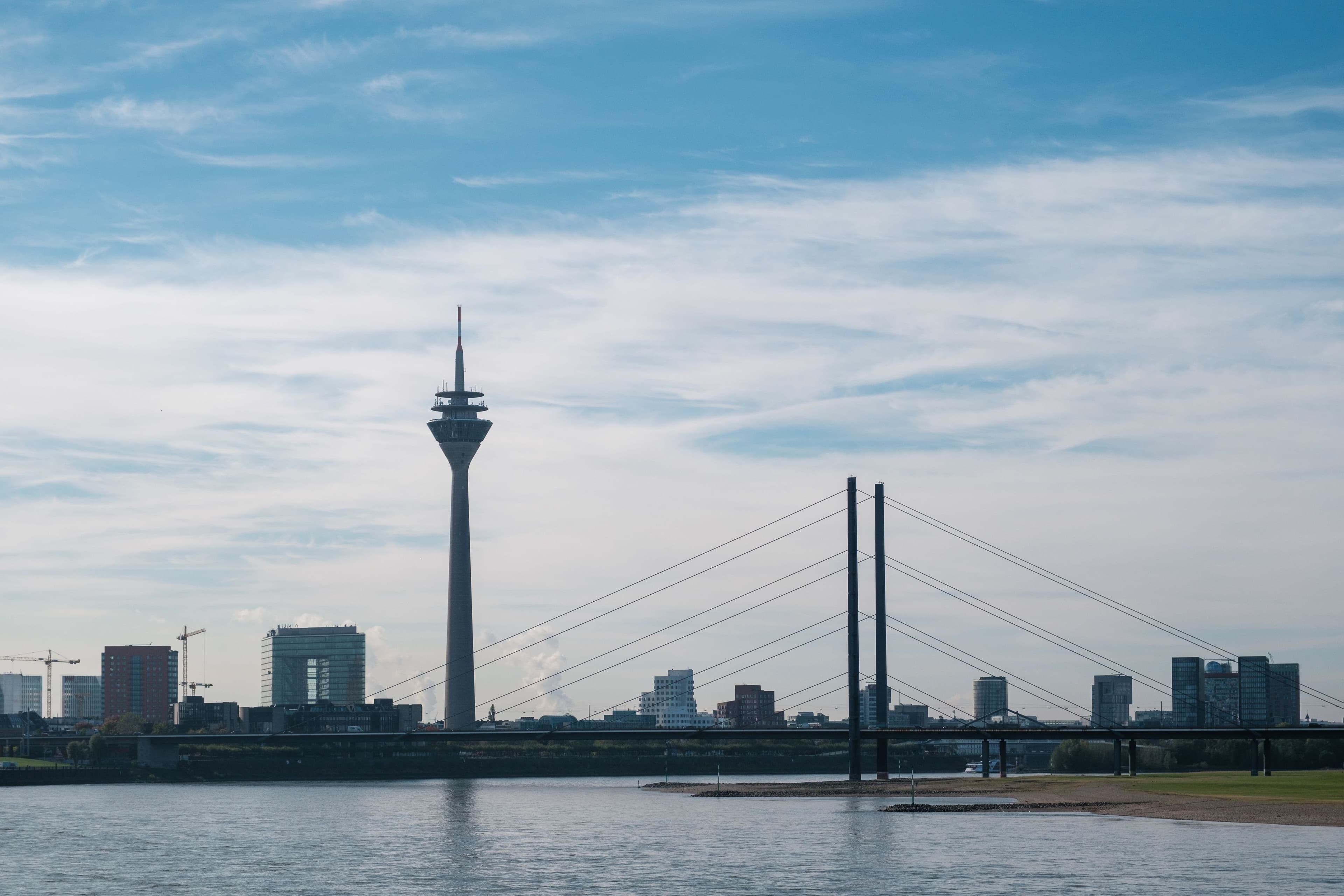 The Rheinturm and the MedienHafen skyline across the Rhine at Düsseldorf, with a cable-stayed bridge spanning the river. The marathon runs both banks and reaches MedienHafen at about km 38.