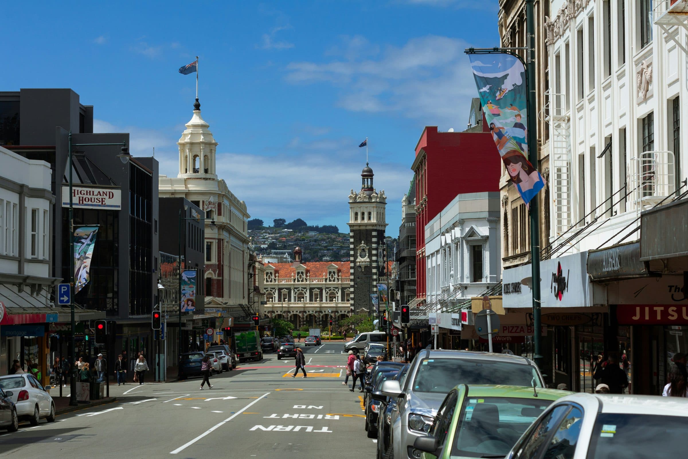 A street in central Dunedin running down to the clock tower of the Dunedin Railway Station on Anzac Avenue, a short walk from the marathon finish at Emerson's Brewery