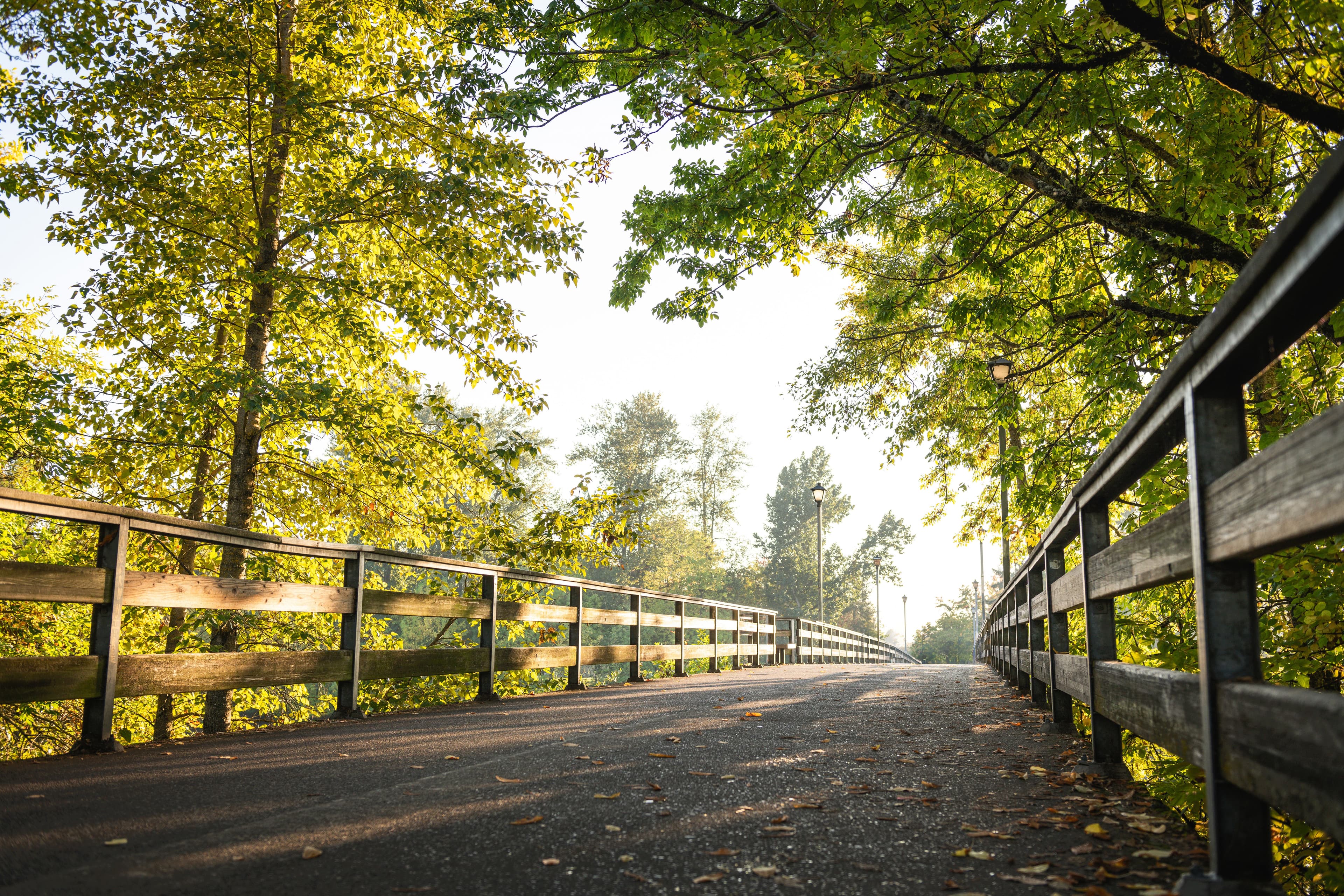 A shaded footbridge on the Ruth Bascom Riverbank Trail along the Willamette River in Eugene, Oregon, part of the marathon course