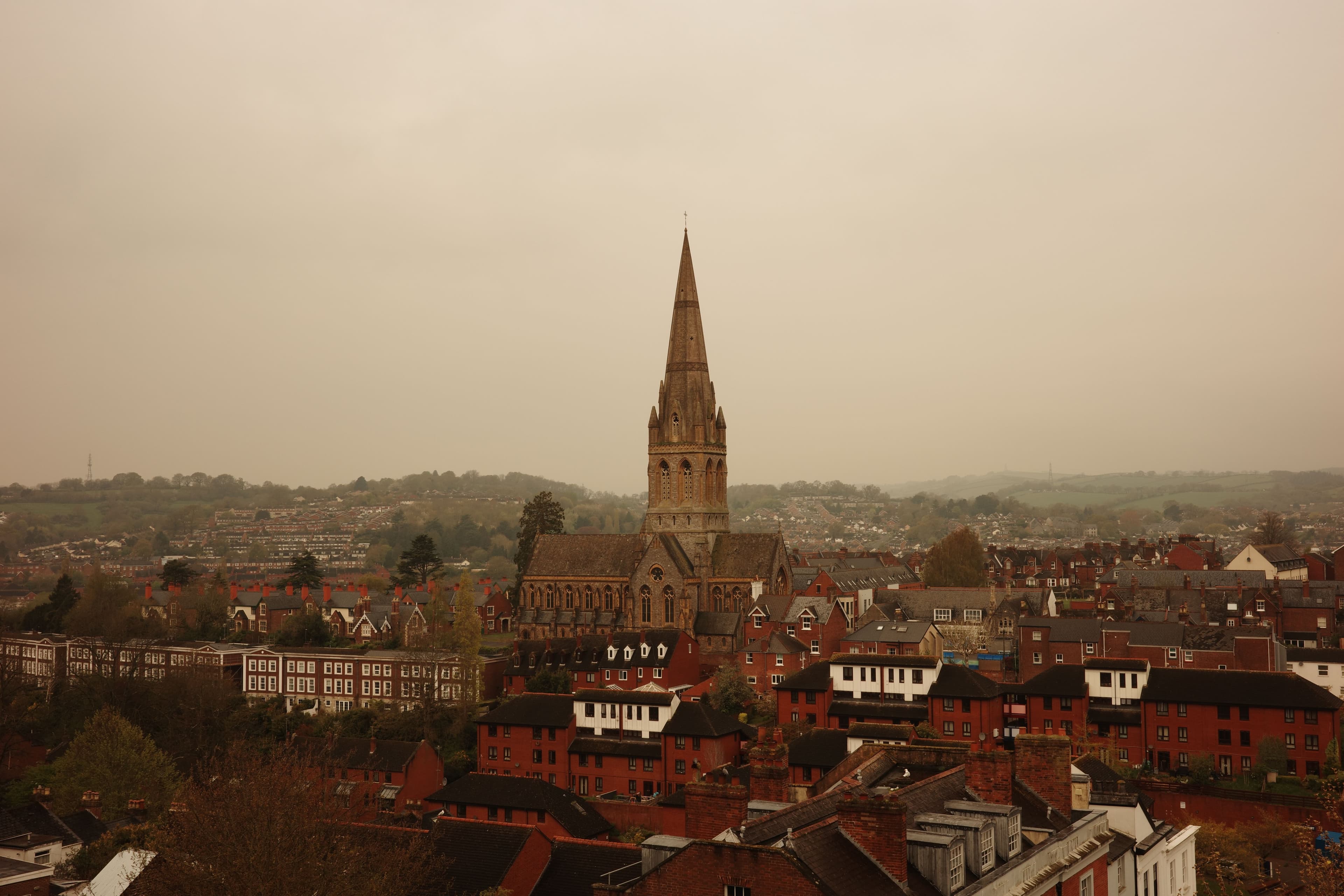 Exeter's city skyline with St Michael's church spire, near the Exeter Marathon's Quay and Haven Banks start and finish