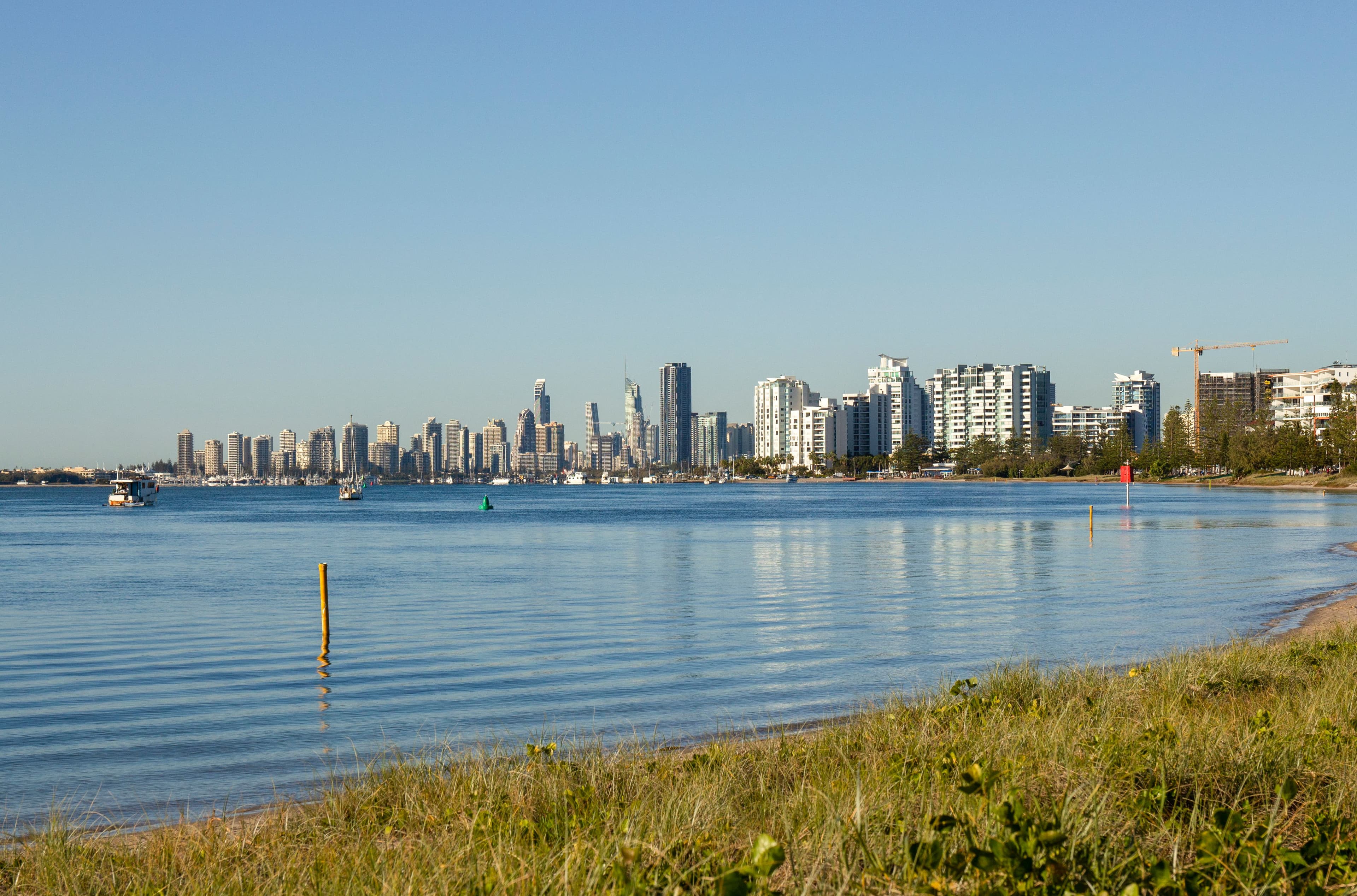 Surfers Paradise skyline seen across the Broadwater from Southport, Gold Coast, Australia