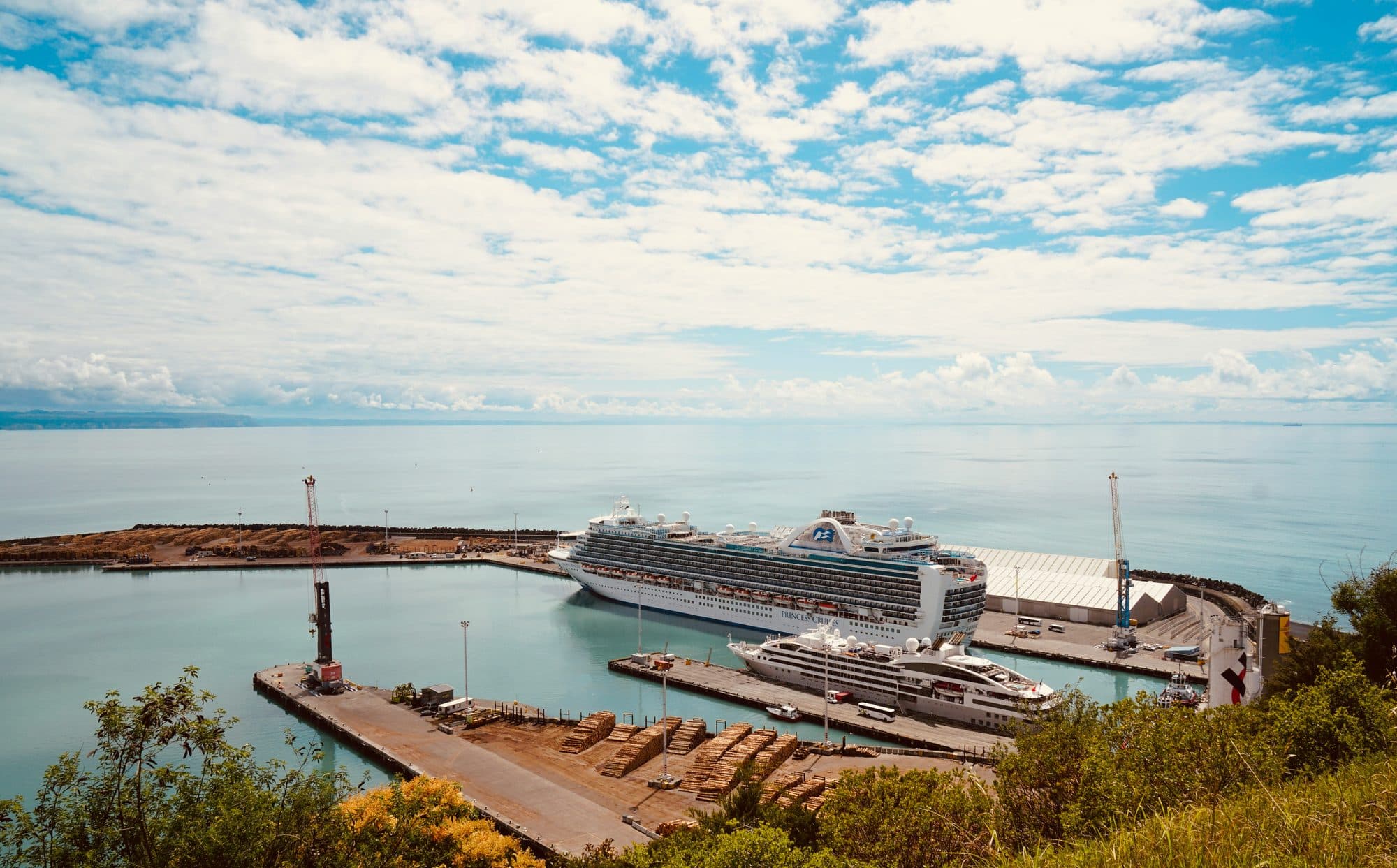 The Port of Napier seen from Bluff Hill, with a cruise ship and a smaller yacht alongside log stacks on the quay and Hawke Bay beyond