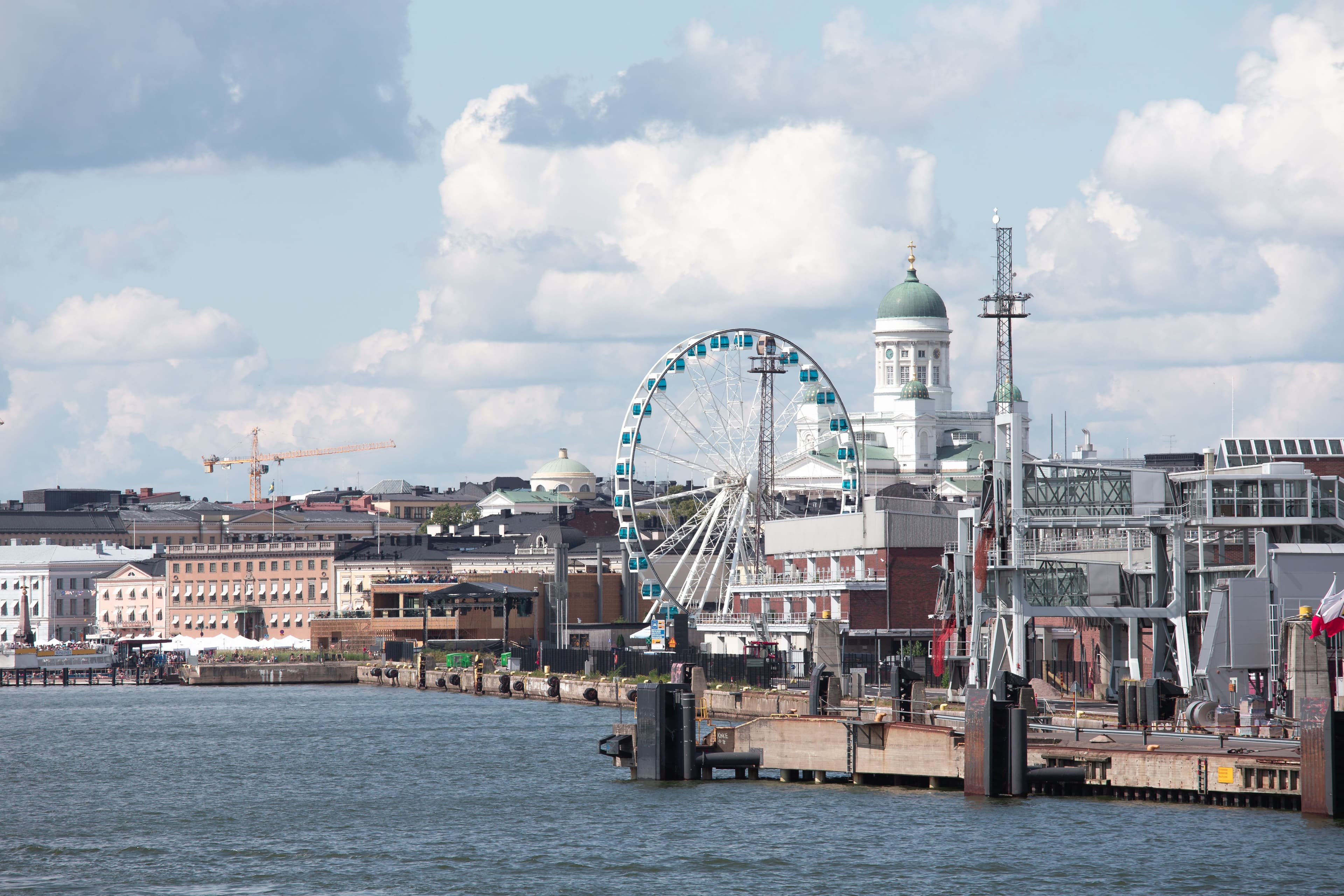 Helsinki's South Harbour, with Helsinki Cathedral and the SkyWheel visible along the waterfront