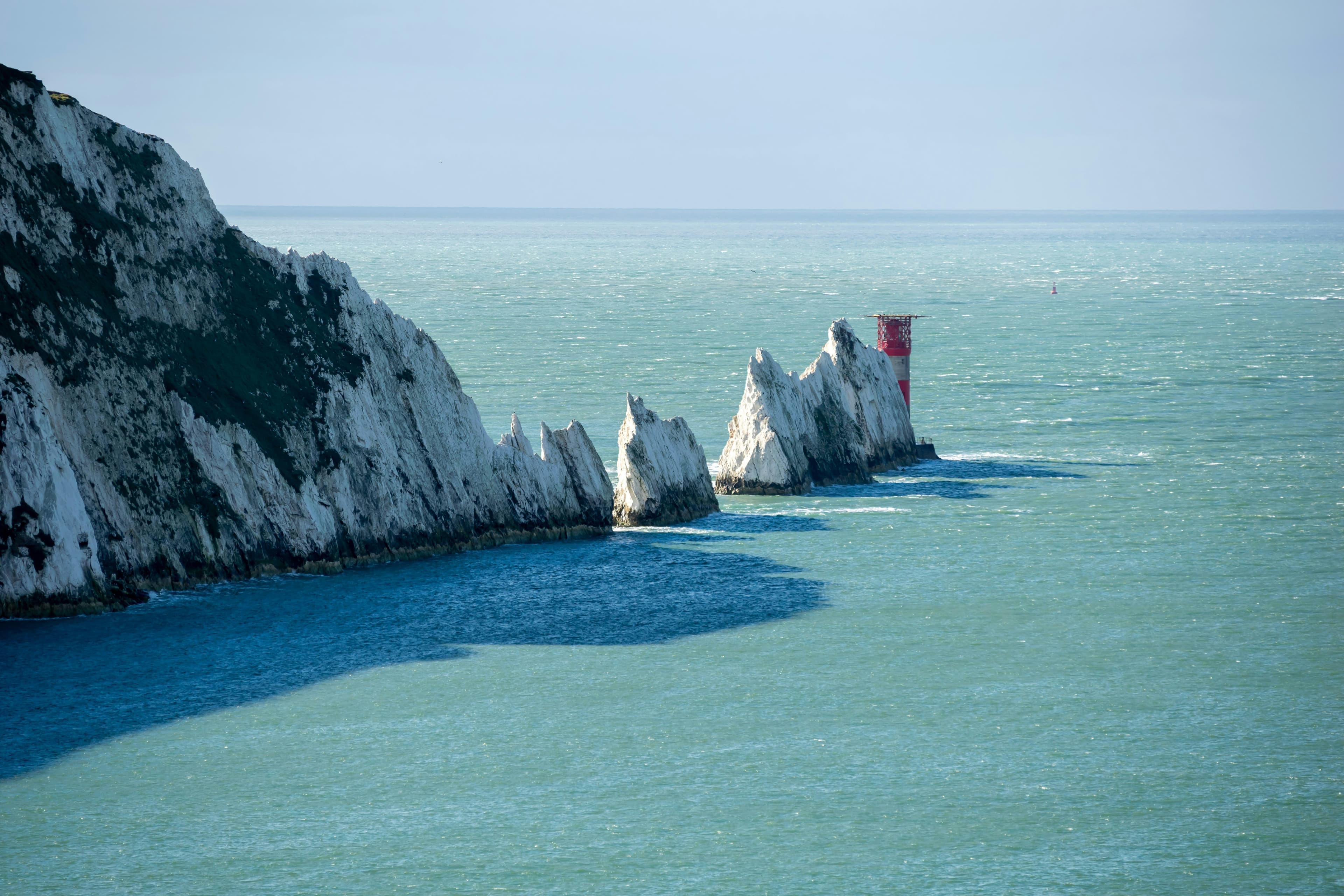 The Needles chalk stacks and lighthouse off the west coast of the Isle of Wight, near the Isle of Wight Marathon's undulating west-of-island route