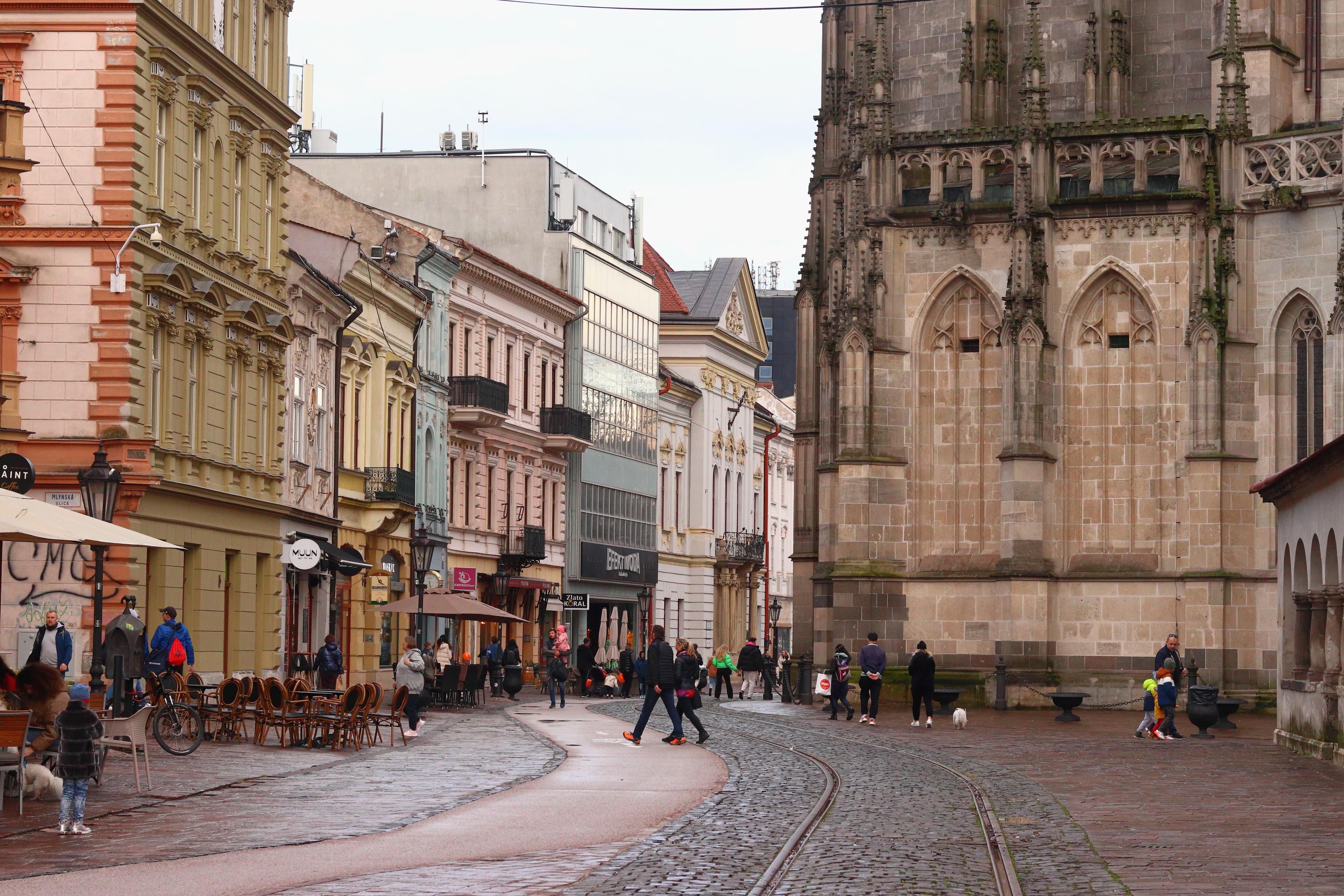 Hlavná Street in Košice's Old Town, with St Elisabeth Cathedral, the marathon's start and finish street