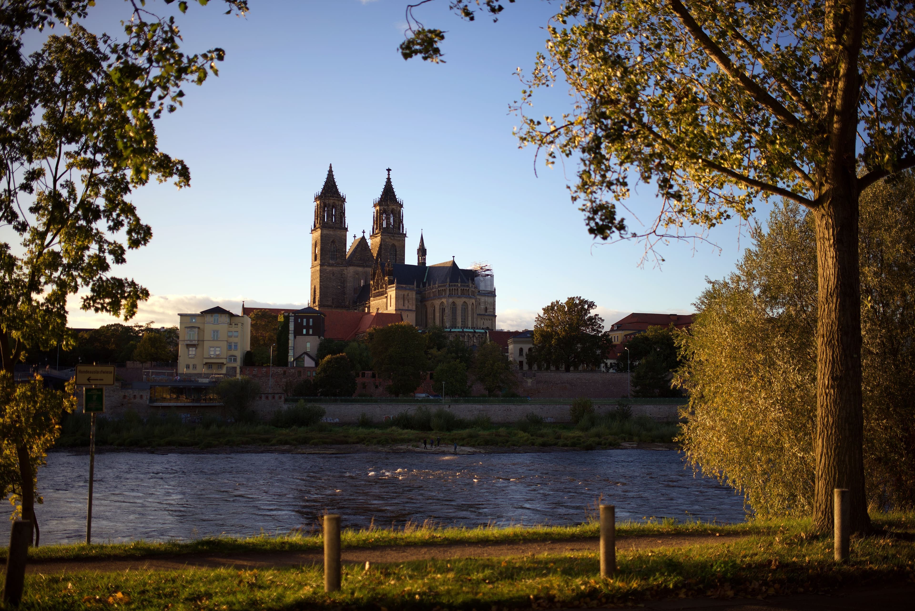 Magdeburg Cathedral above the Elbe at sunset, seen from the east bank near Elbauenpark. The marathon crosses to the far bank and passes the cathedral at about km 9 of each of its two laps.