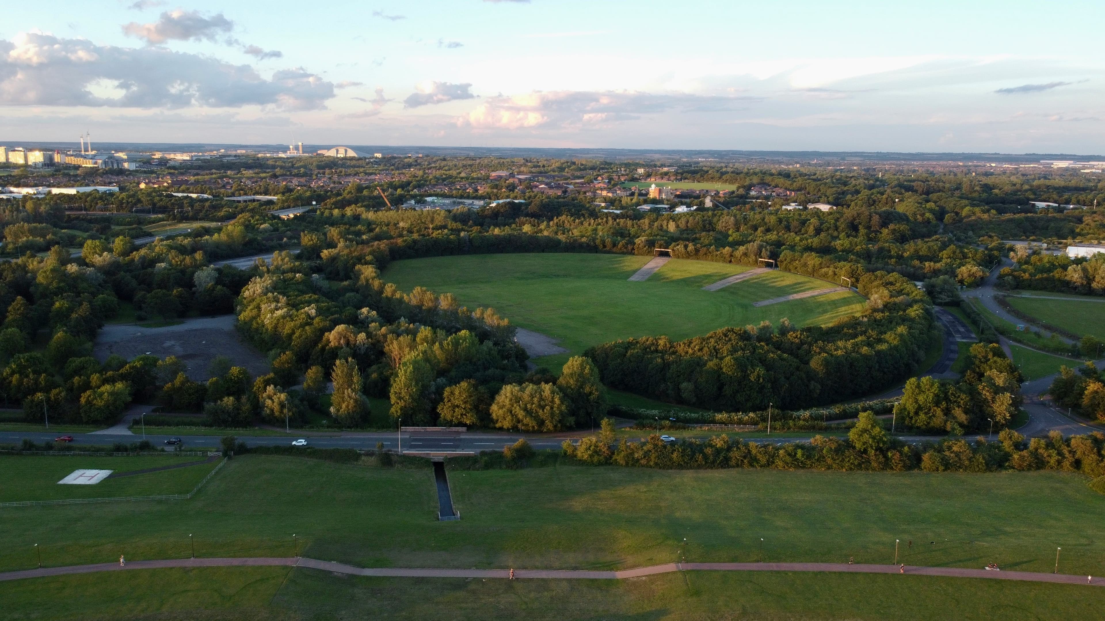 Aerial view of Milton Keynes' green corridors and traffic-free Redway path network, used for most of the MK Marathon course