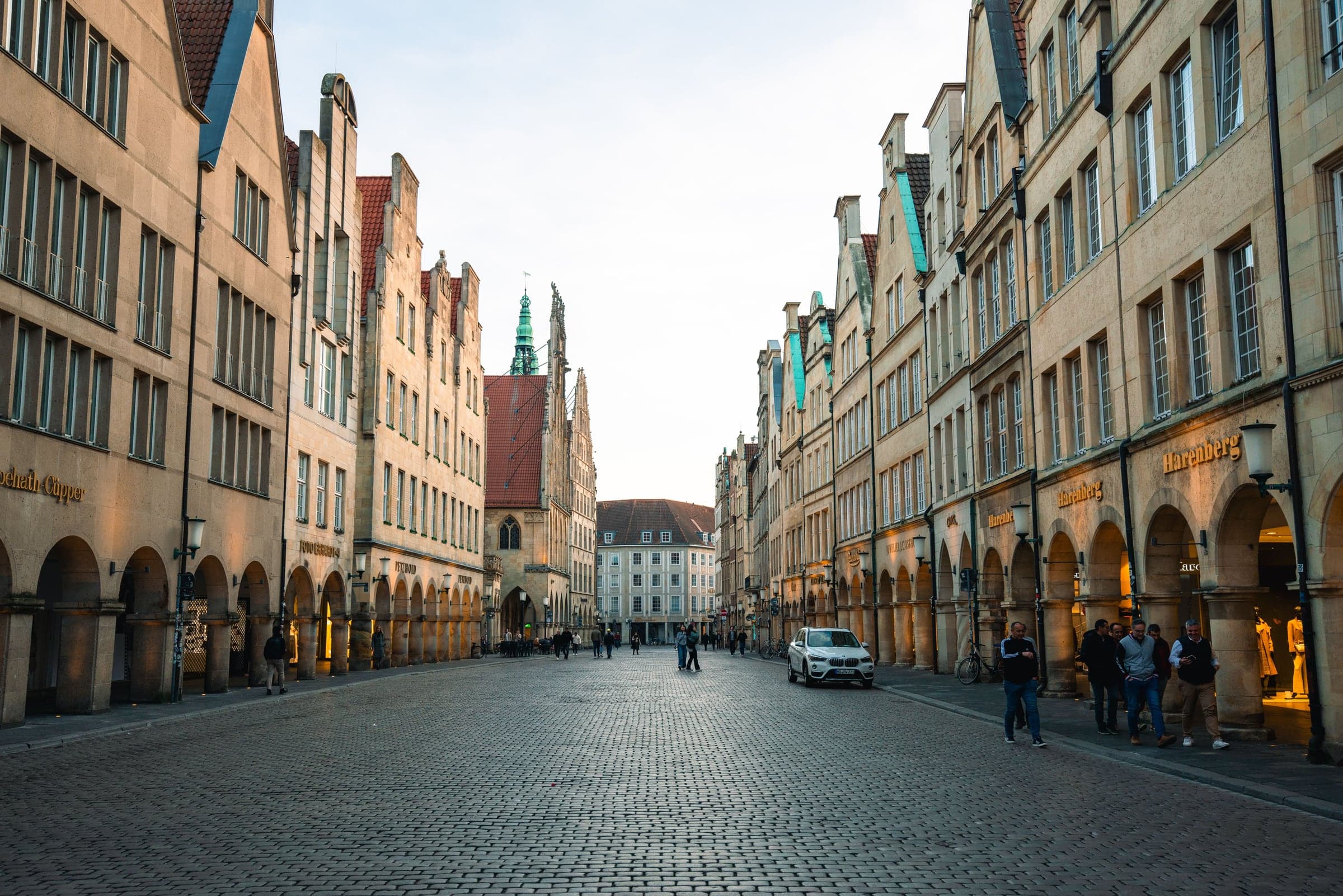 The Prinzipalmarkt in Münster, the arcaded street of gabled merchant houses where the Volksbank-Münster-Marathon finishes, looking south towards the spire of St Lamberti