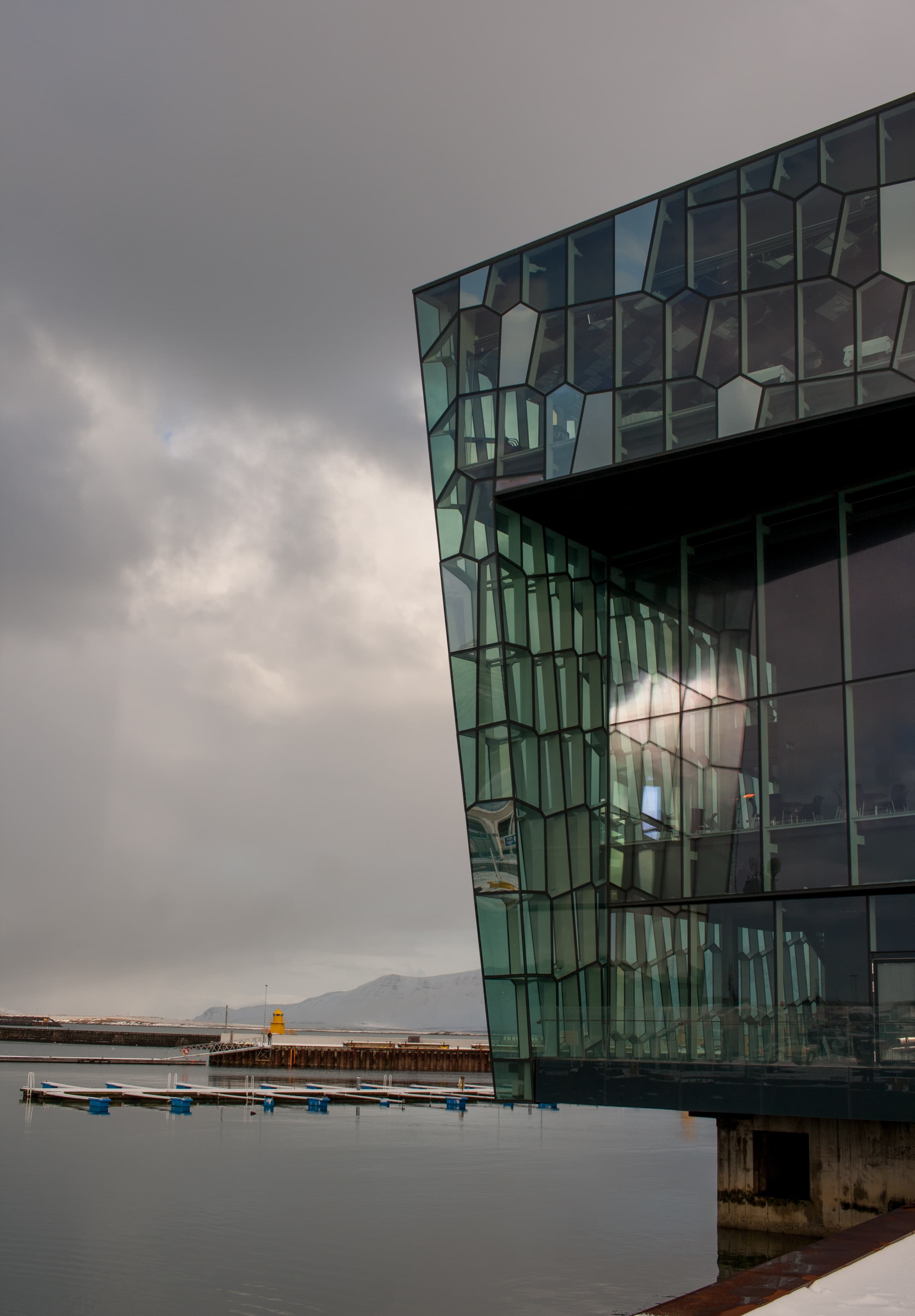 The glass facade of Harpa concert hall on Reykjavik's harbour, passed directly by the marathon course on Sæbraut
