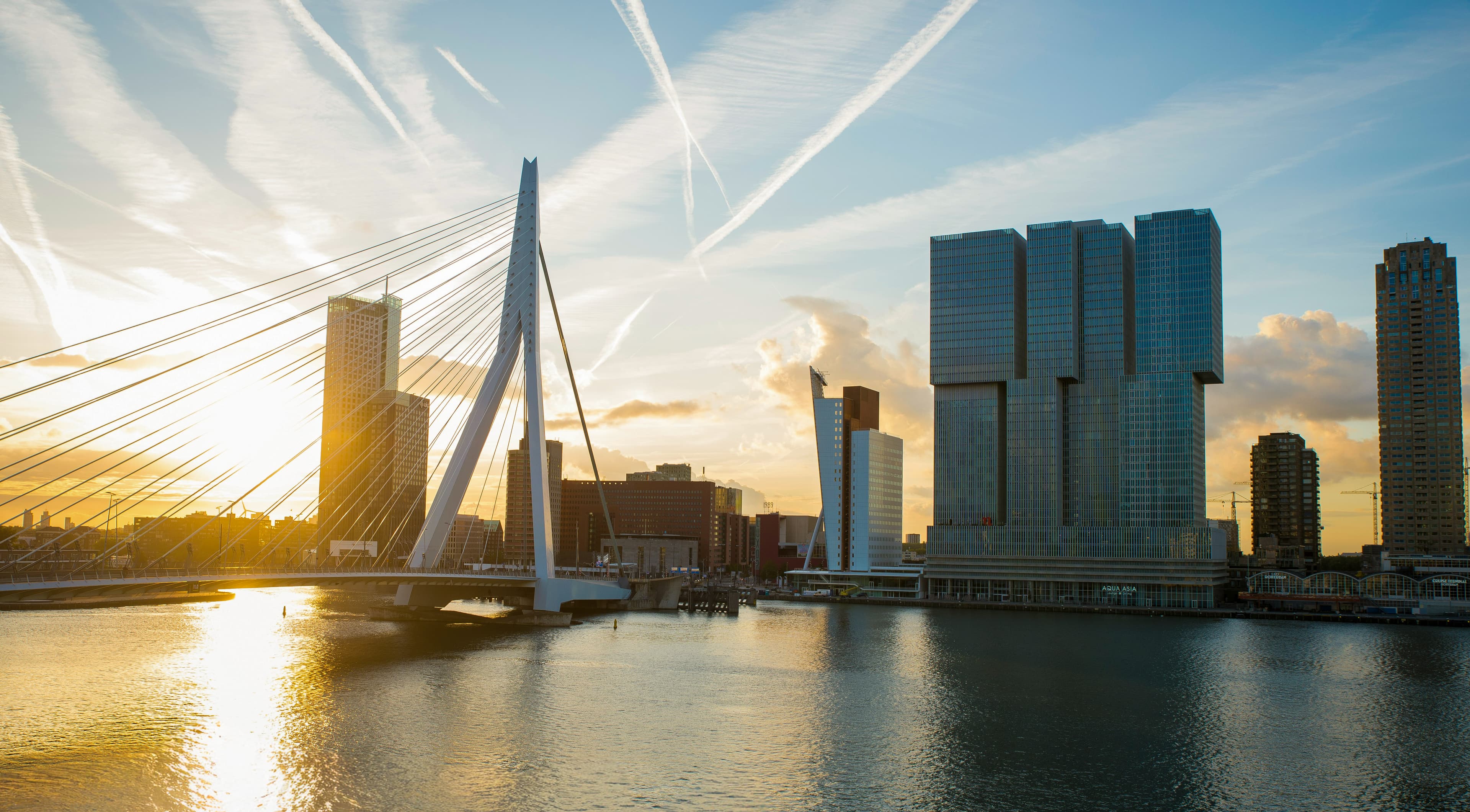 The Erasmusbrug suspension bridge over the Maas river in Rotterdam, start of the NN Marathon Rotterdam