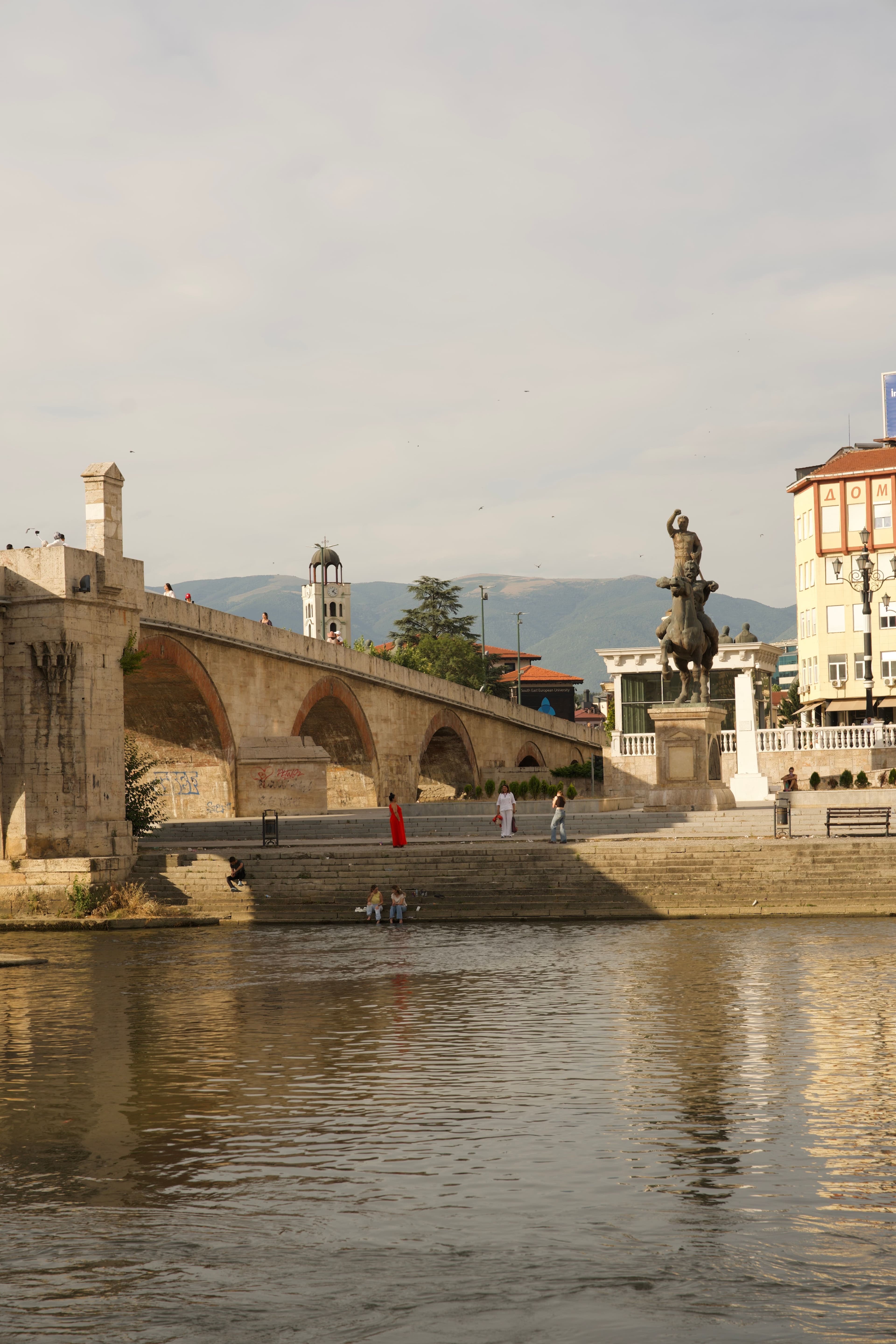 The Stone Bridge over the Vardar river in Skopje, with the Warrior on a Horse monument on Macedonia Square, both passed twice on the marathon course