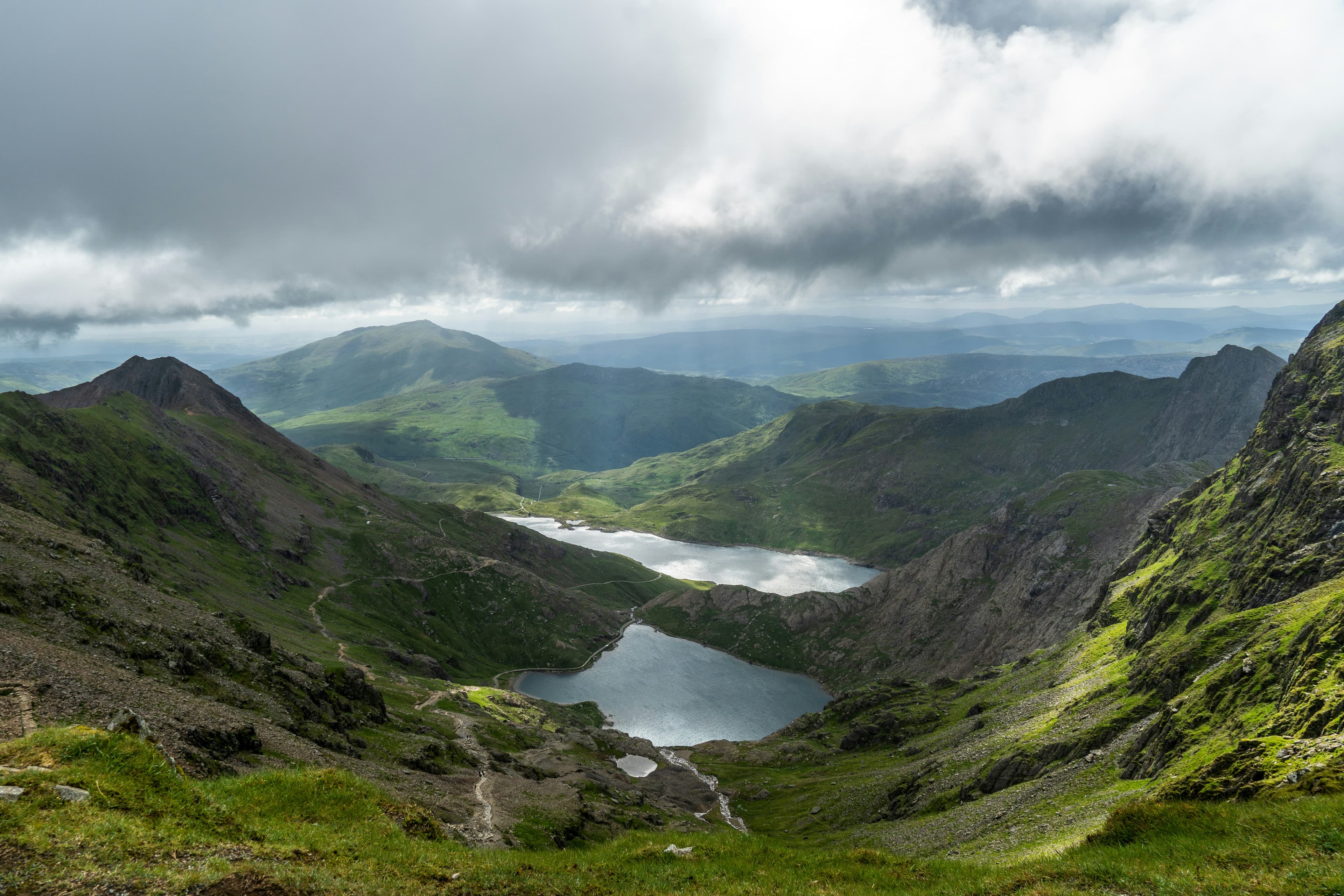 Glaslyn and Llyn Llydaw seen from high on Yr Wyddfa (Snowdon), the mountain the marathon course encircles