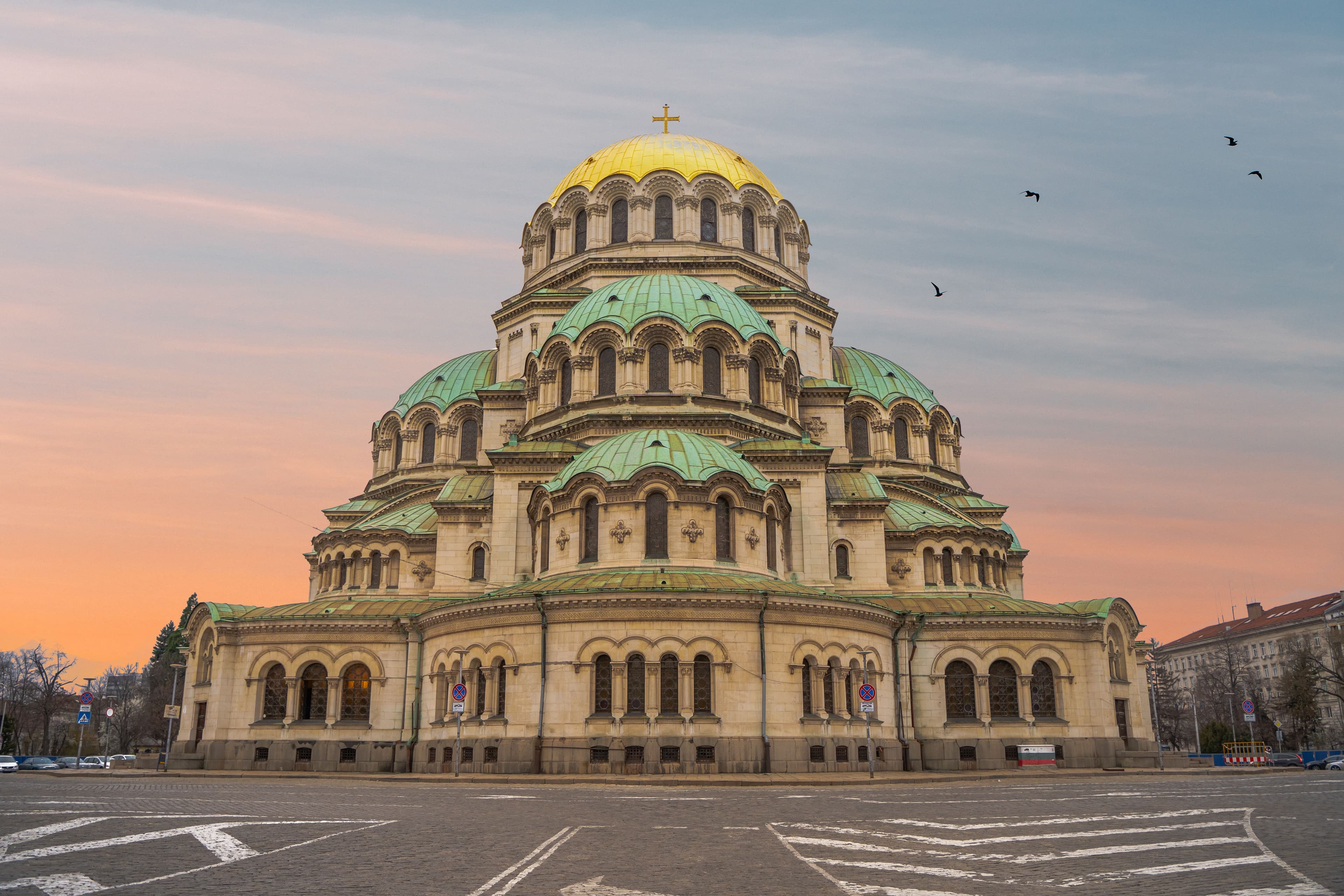 Alexander Nevsky Cathedral in Sofia at sunset, one of the Balkans' largest Orthodox cathedrals, a short distance from the marathon start-finish