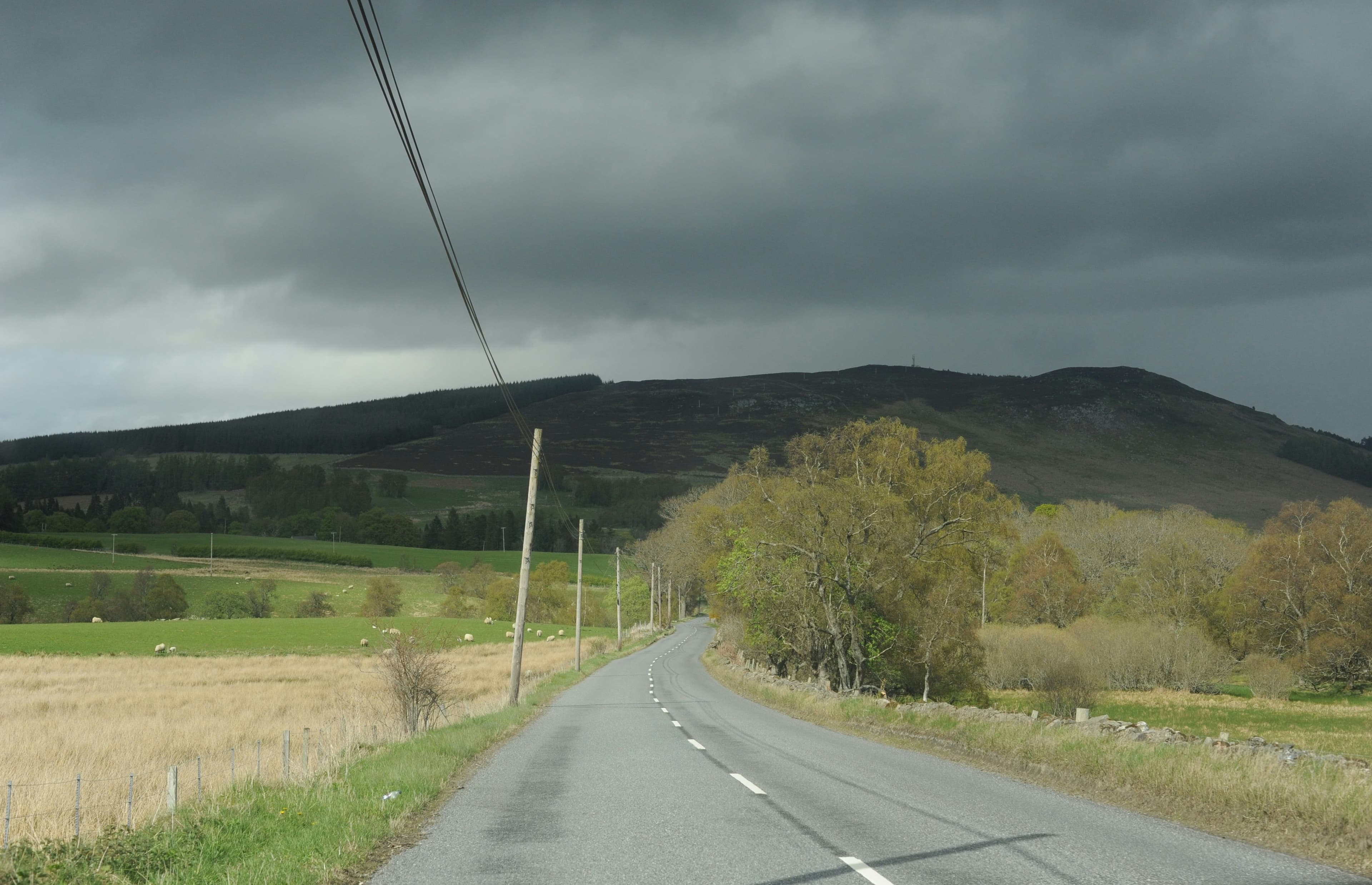 A quiet Perthshire country road near Comrie, the same open, hilly roads the marathon course runs on