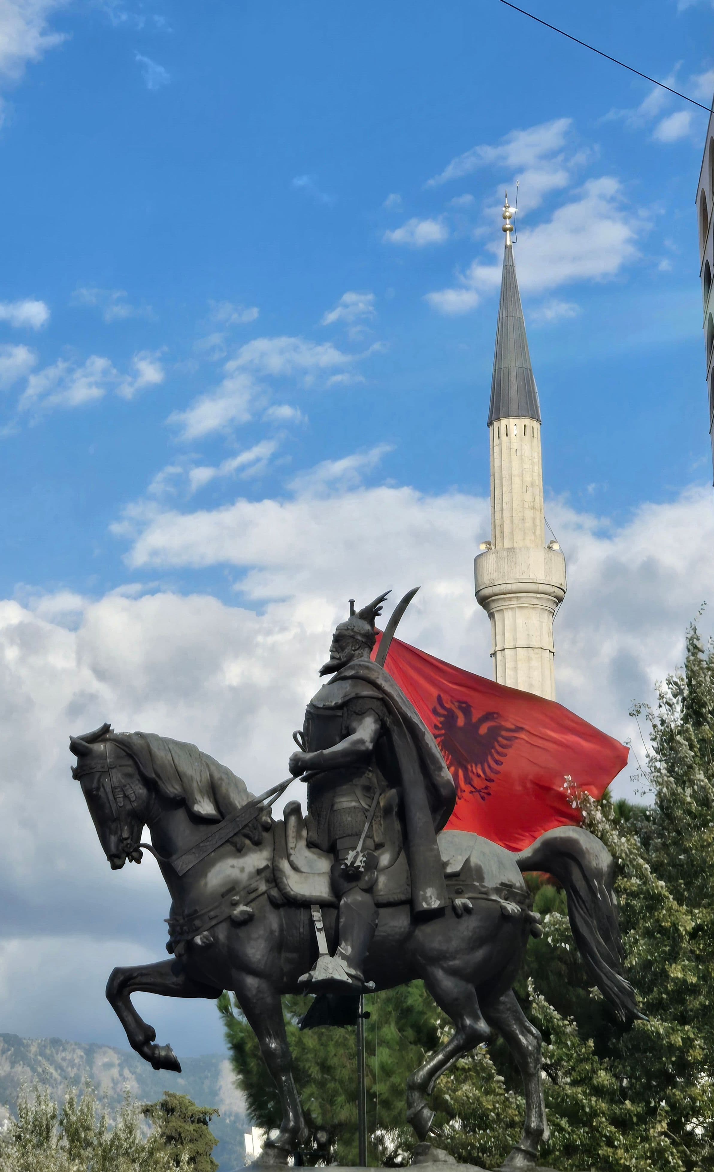 The Skanderbeg equestrian statue on Skanderbeg Square in Tirana, close to the marathon start and finish