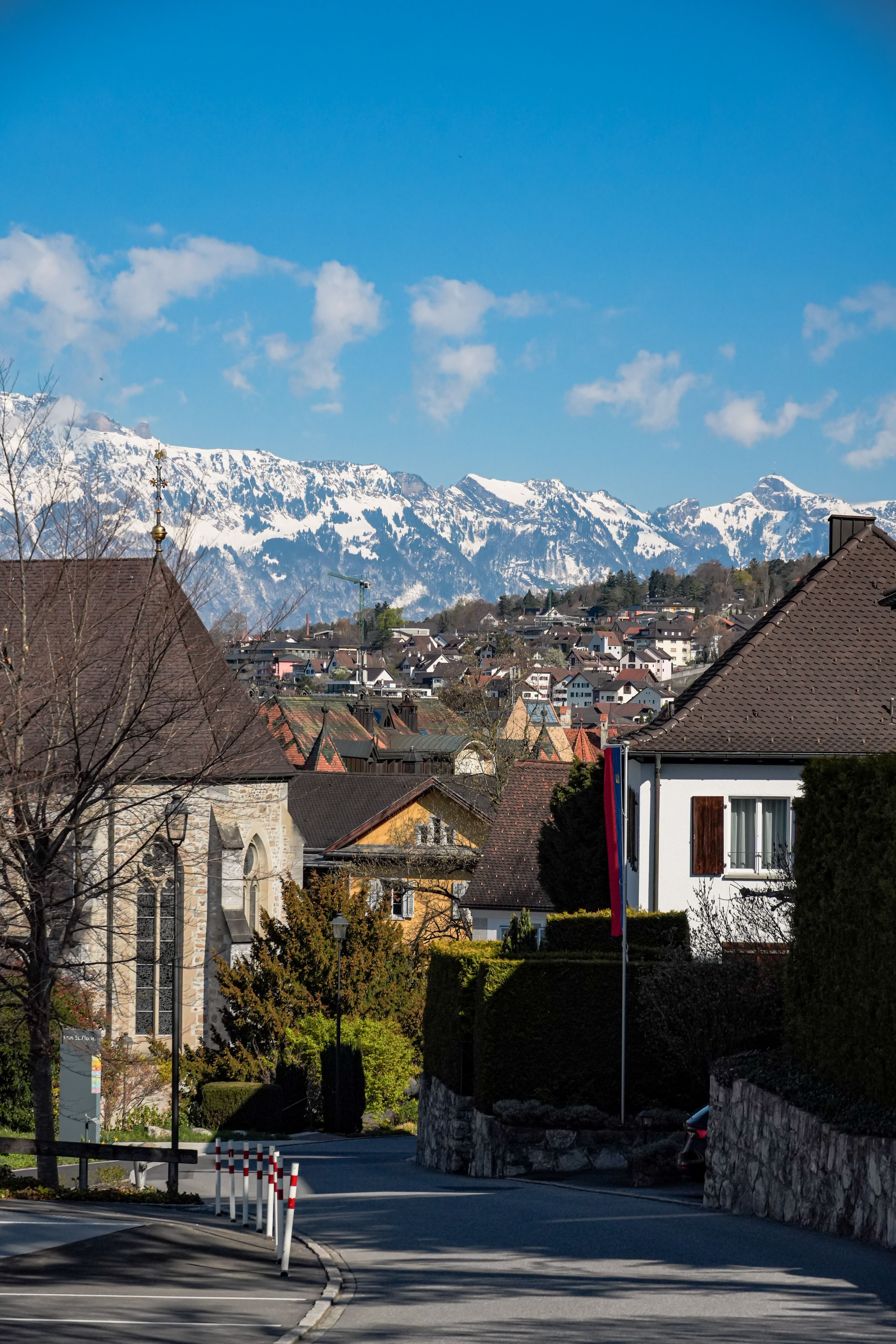 A residential street in Liechtenstein with the national flag flying and snow-capped mountains in the distance