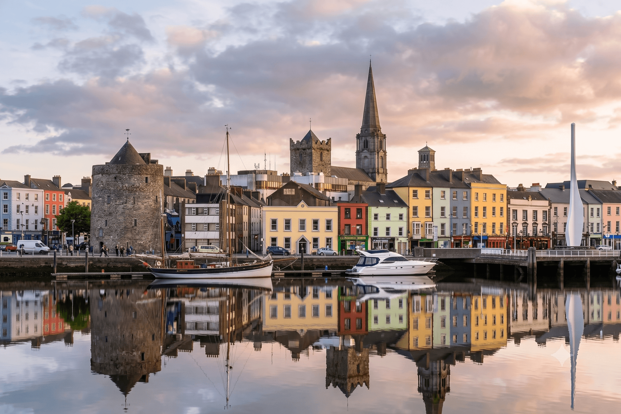 Waterford's quayside at dusk, with Reginald's Tower and the city's church spires reflected in the River Suir