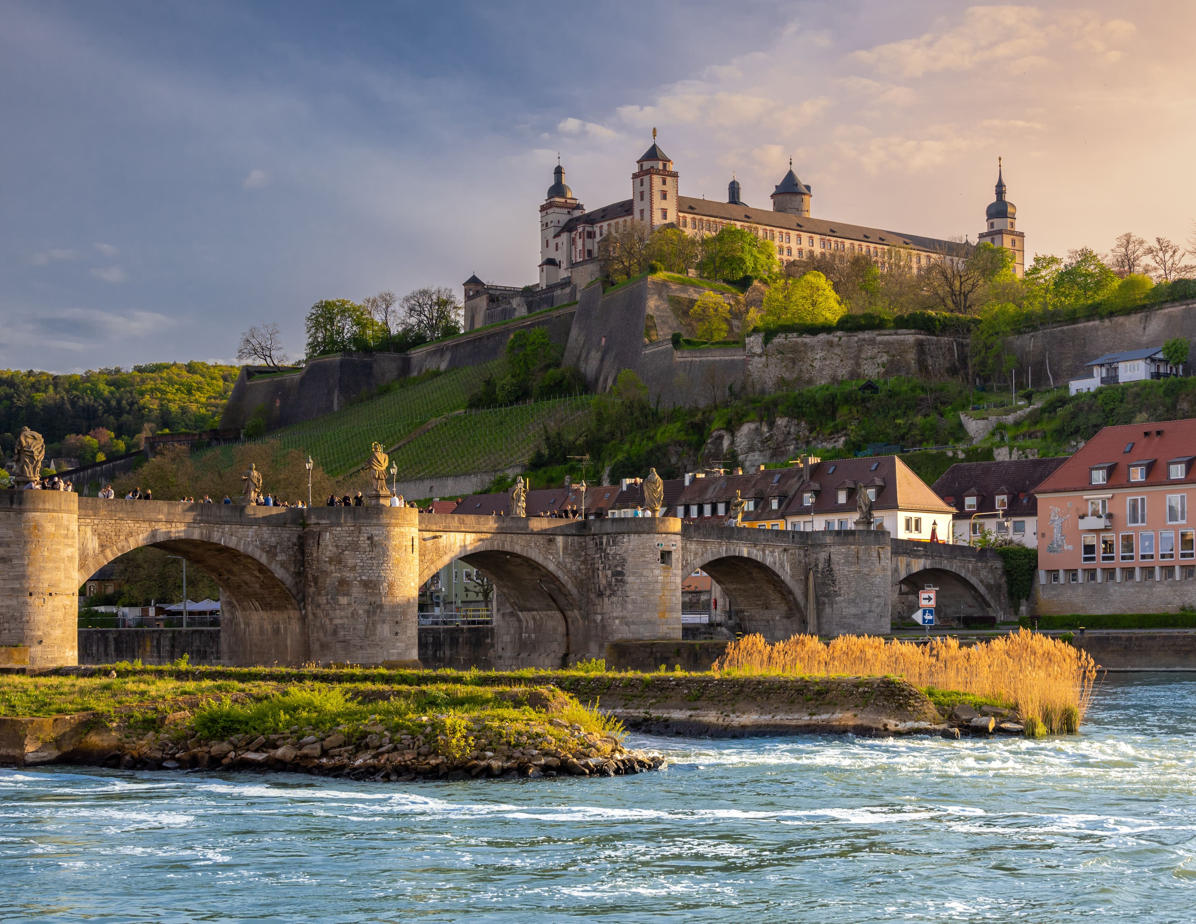 The Alte Mainbrücke in Würzburg with its baroque saint statues, seen from the River Main in evening light, with Marienberg Fortress and its vineyards on the hill above. The marathon passes the far end of the bridge, on Saalgasse, at about km 8.7 and km 29.8.