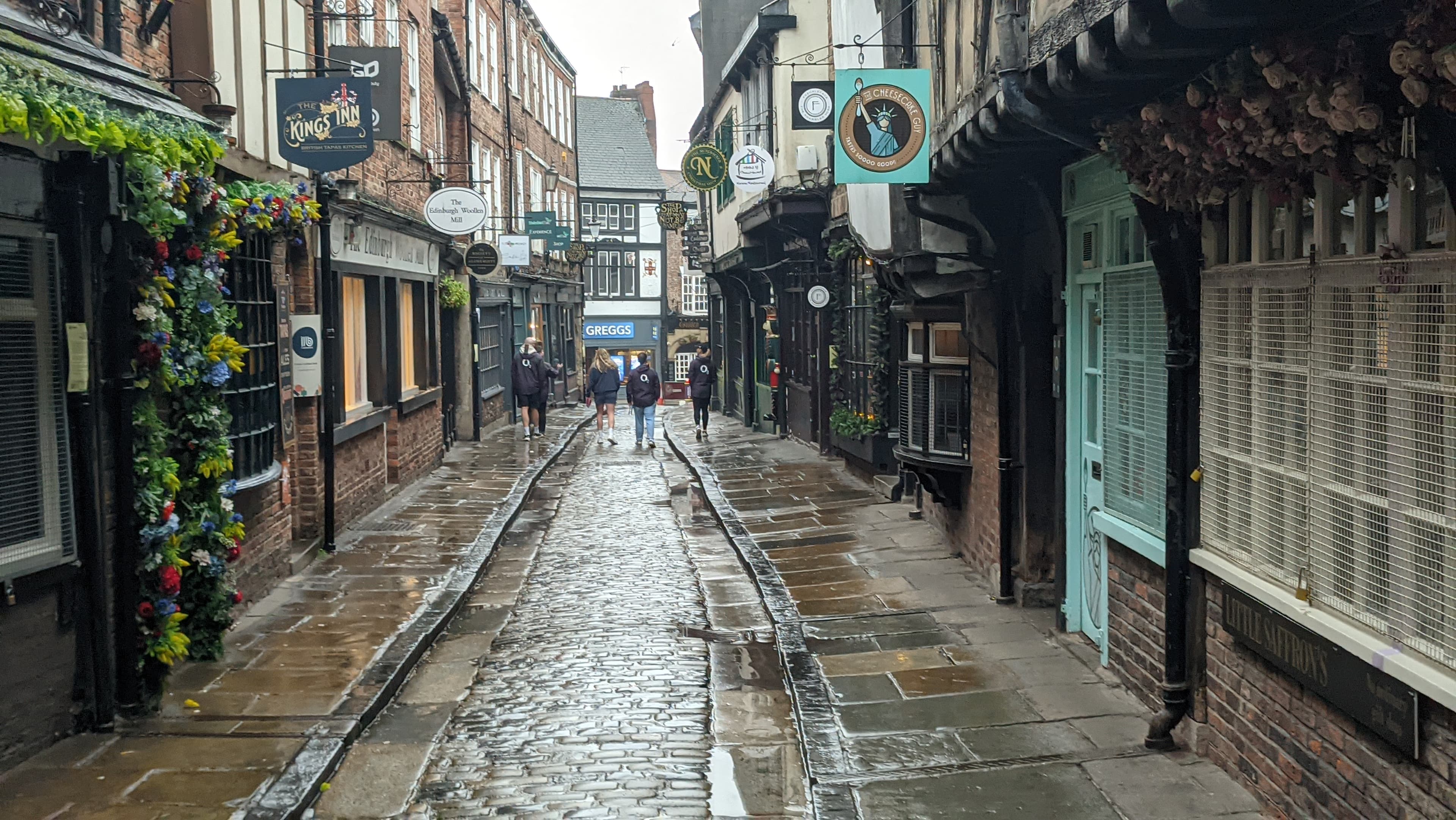 The Shambles, a medieval street in York city centre, on the Yorkshire Marathon's early city miles