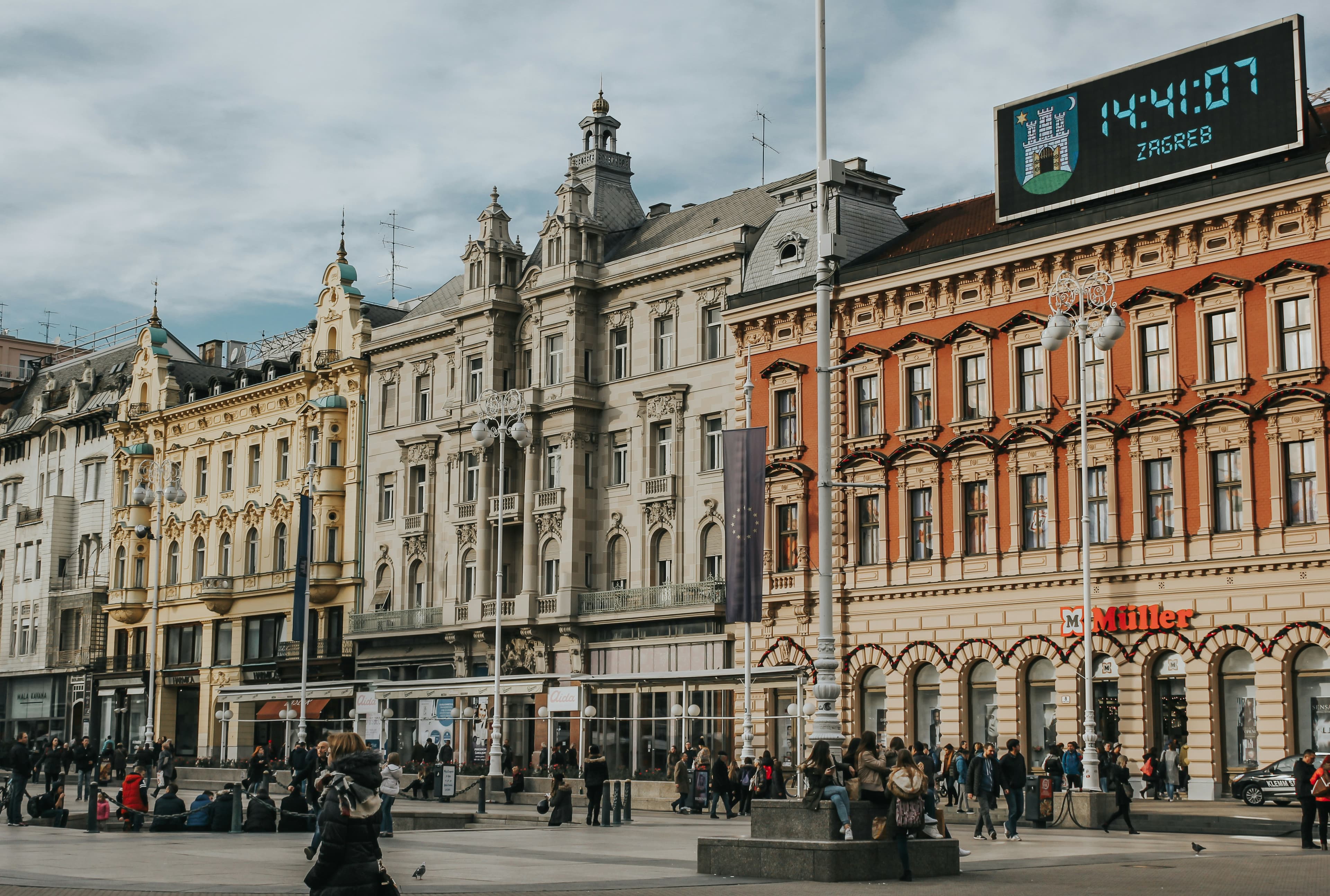Historic 19th-century facades on Ban Jelačić Square, Zagreb, the Zagreb Marathon's start-finish square