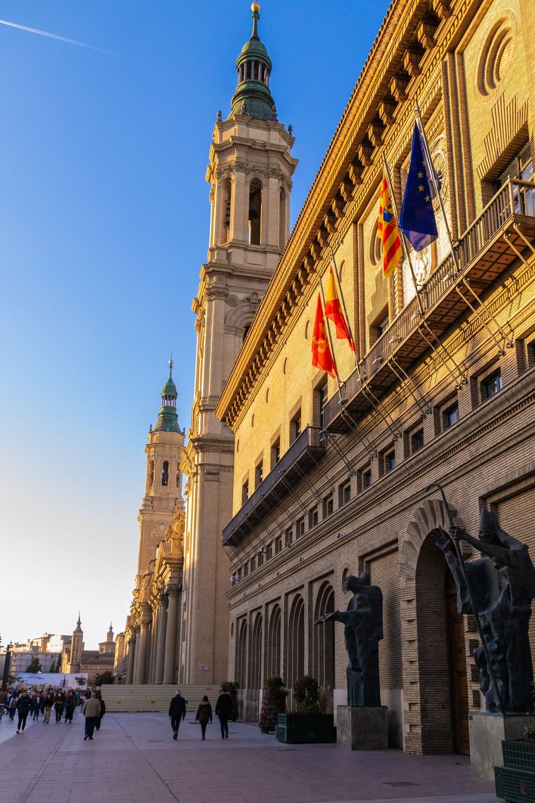 A tower of the Basilica del Pilar beside Zaragoza city hall on Plaza del Pilar, at the marathon start and finish