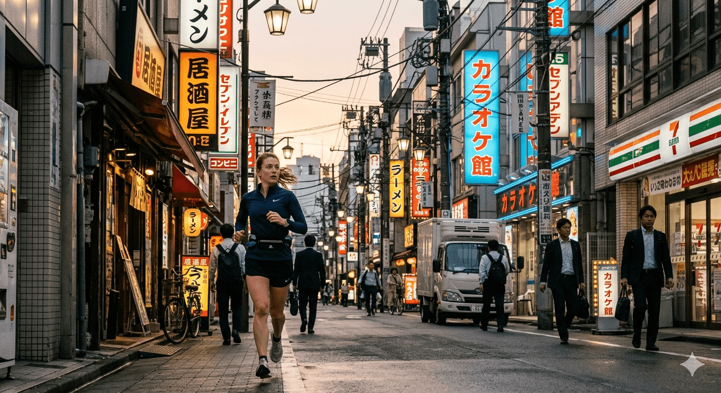 A runner in race gear running through a neon-lit Japanese city street at dusk, with shop signs and commuters around her