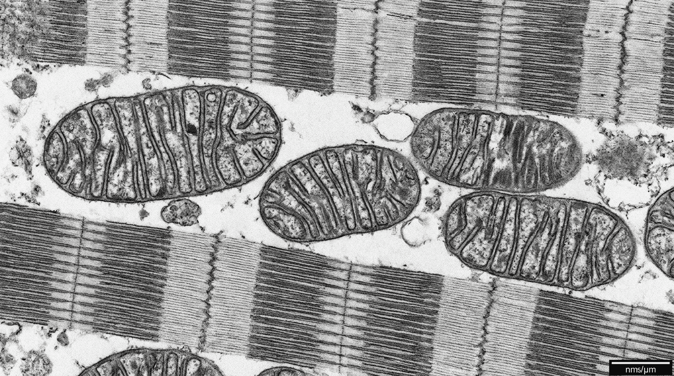 Electron microscope image of mitochondria embedded between muscle fibre bundles in skeletal muscle, showing the internal cristae structure that drives aerobic energy production