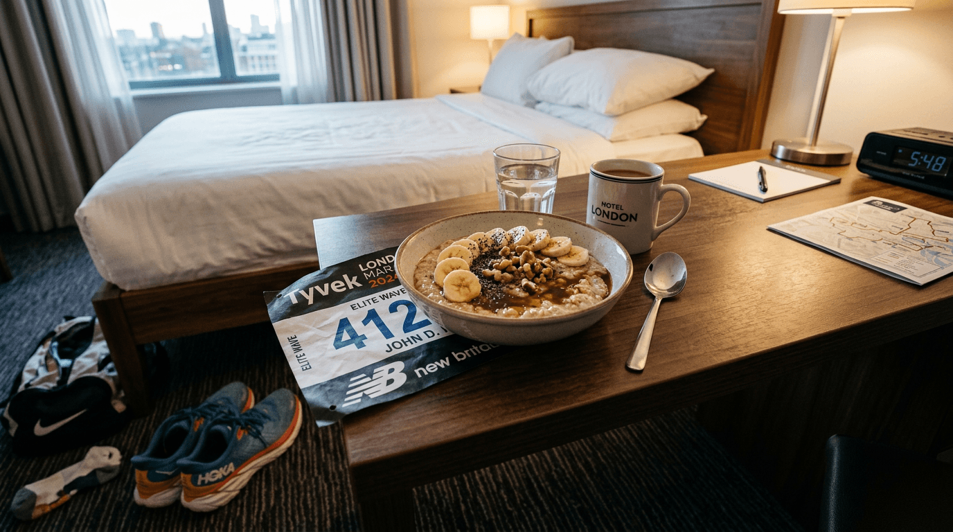 A pre-race marathon breakfast laid out on a hotel table: oats, banana, toast, and coffee on a race morning